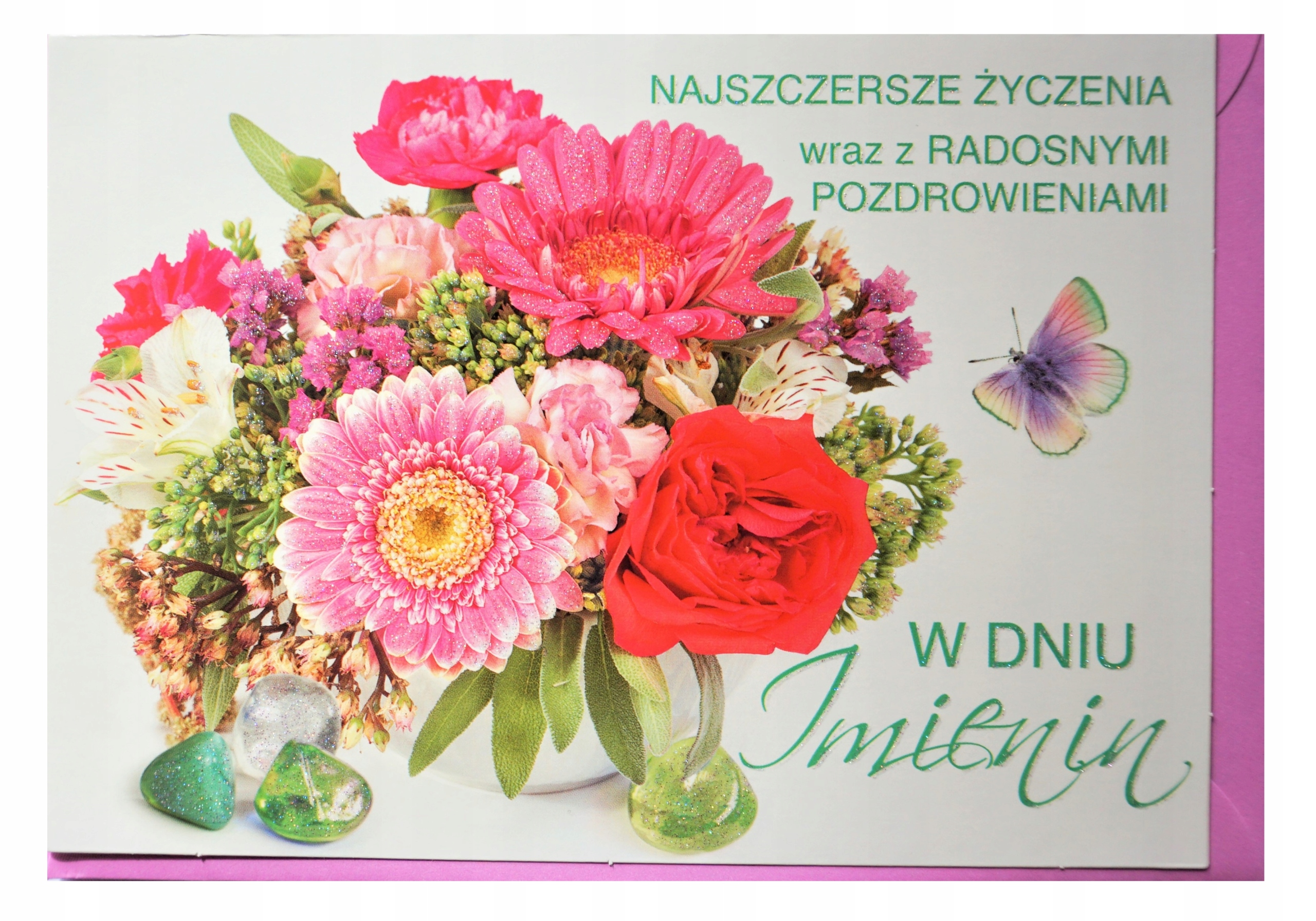 

A VI Karnet, kartka imieninowa brokatowa kwiaty.