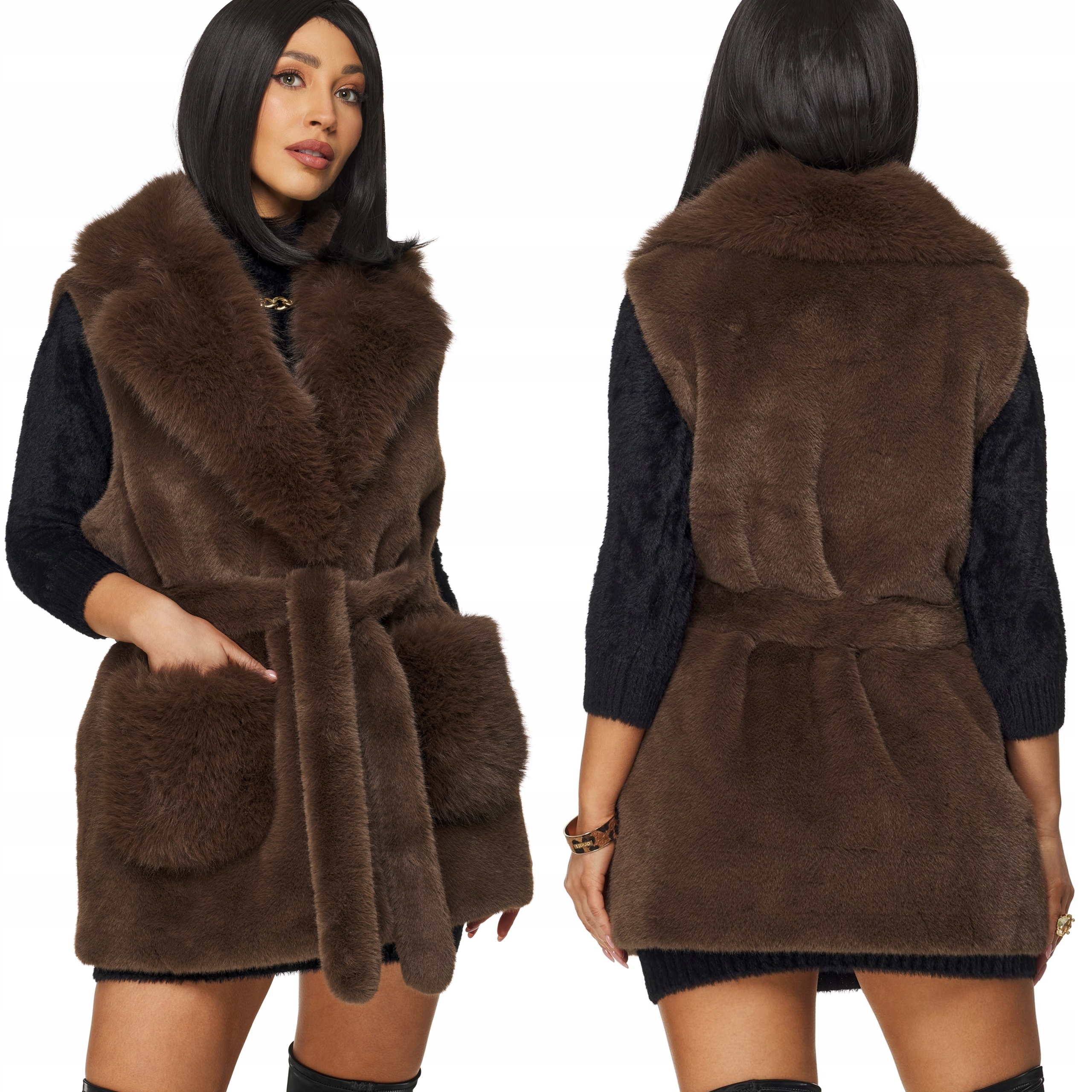 Dámská Vesta zimní dlouhá s páskem kožešinová kožíšek kožešina hladká hnědá