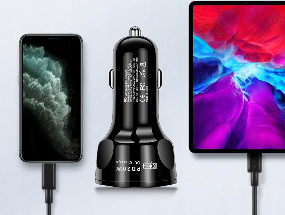 SZYBKA ŁADOWARKA SAMOCHODOWA 4xUSB QC PD + KABEL Złącza microUSB typ B USB 3.1 typ C USB typ C USB Apple Lightning