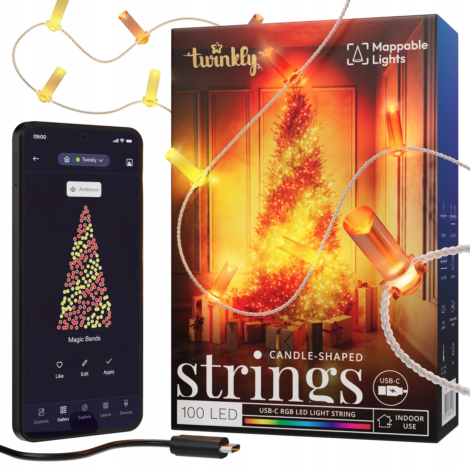 Vánoční osvětlení na stromeček Twinkly Strings Usb-c 100 Led, svíčky, 6 m, průhledné