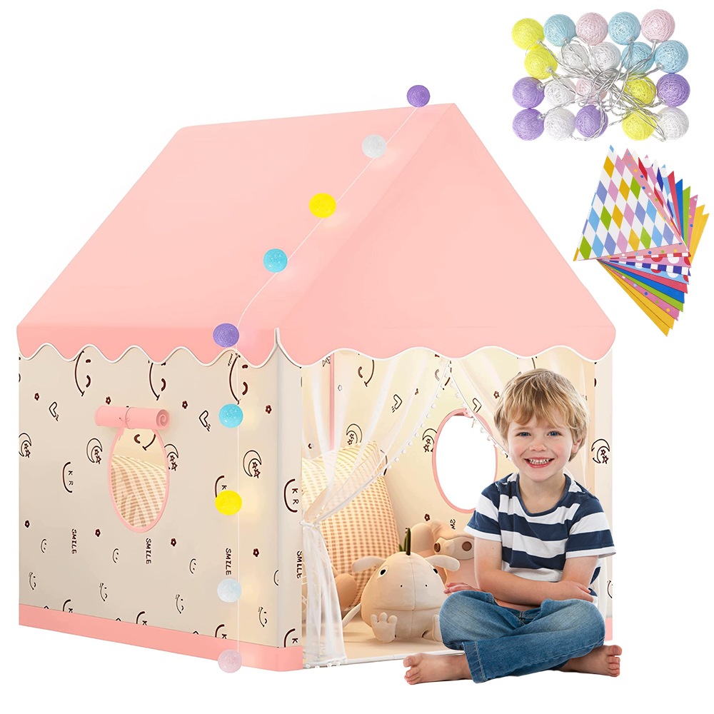 Namiot Dla Dzieci Zamek Różowy 125x120x100cm Lampki Chorągiewki Chmurki