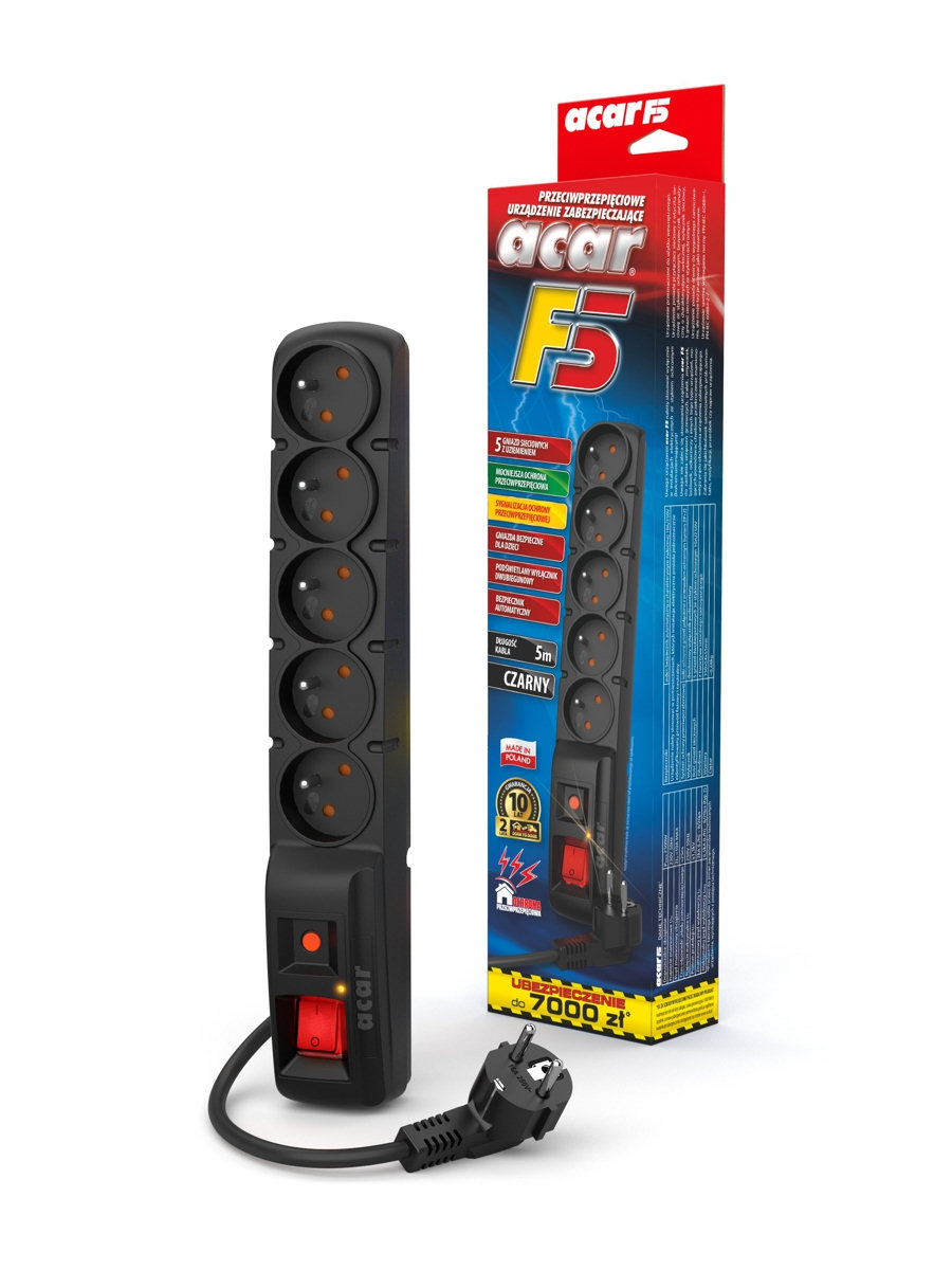 Acar F5 1m Prodlužovací kabel proti přepětí, černý (x1ks)