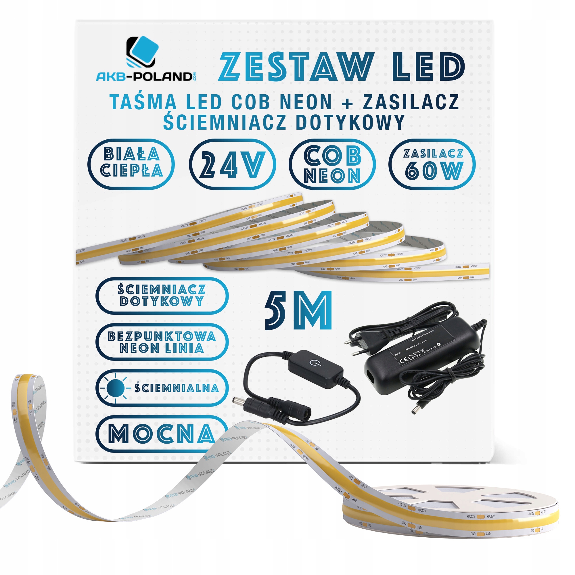 24V Sada Led pásek Cob Neon Teplá 5M Vypínač