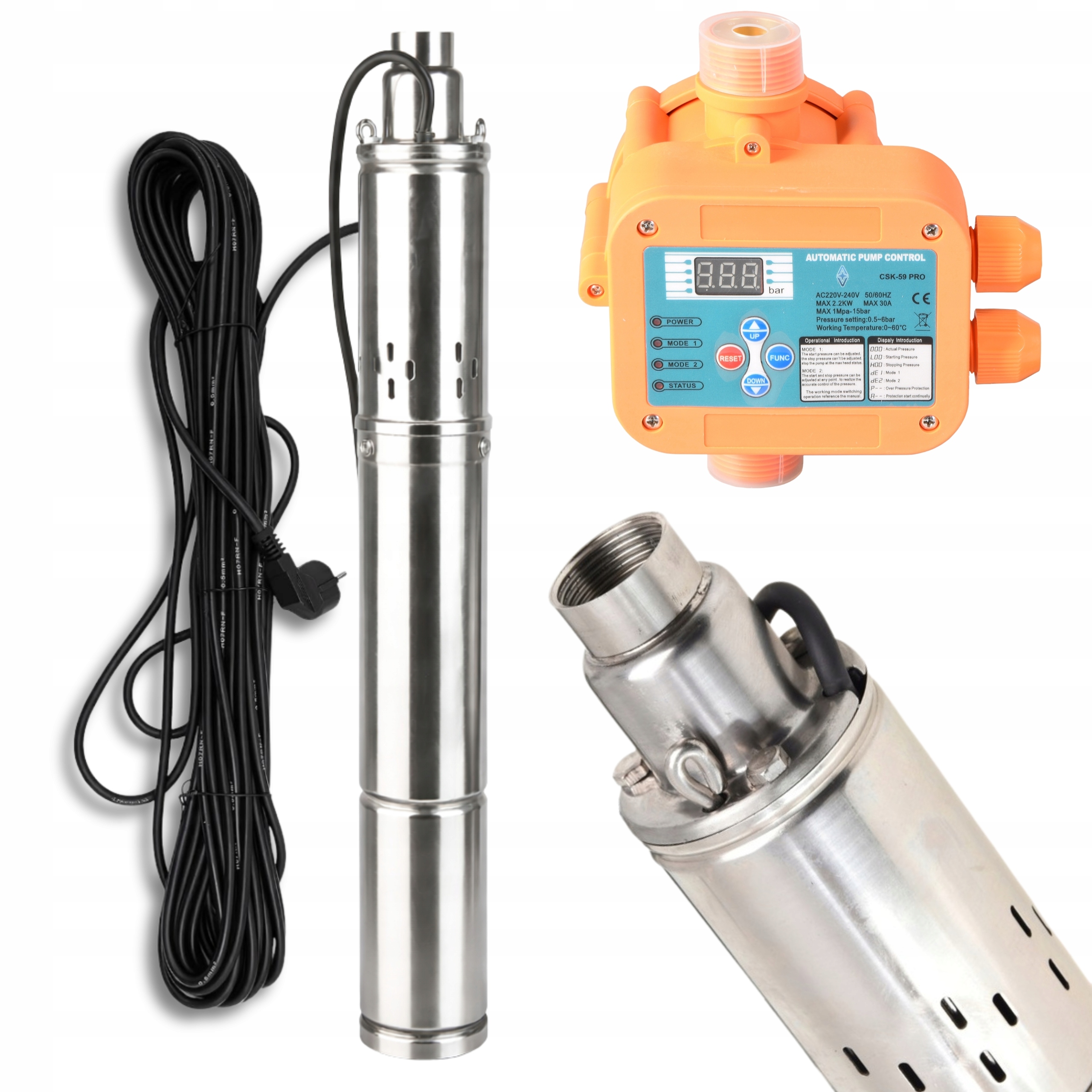 Ponorné Čerpadlo 3" Deep 1800 L/h 250 W Pro Studnu Vody Automat CSK59PRO Sada