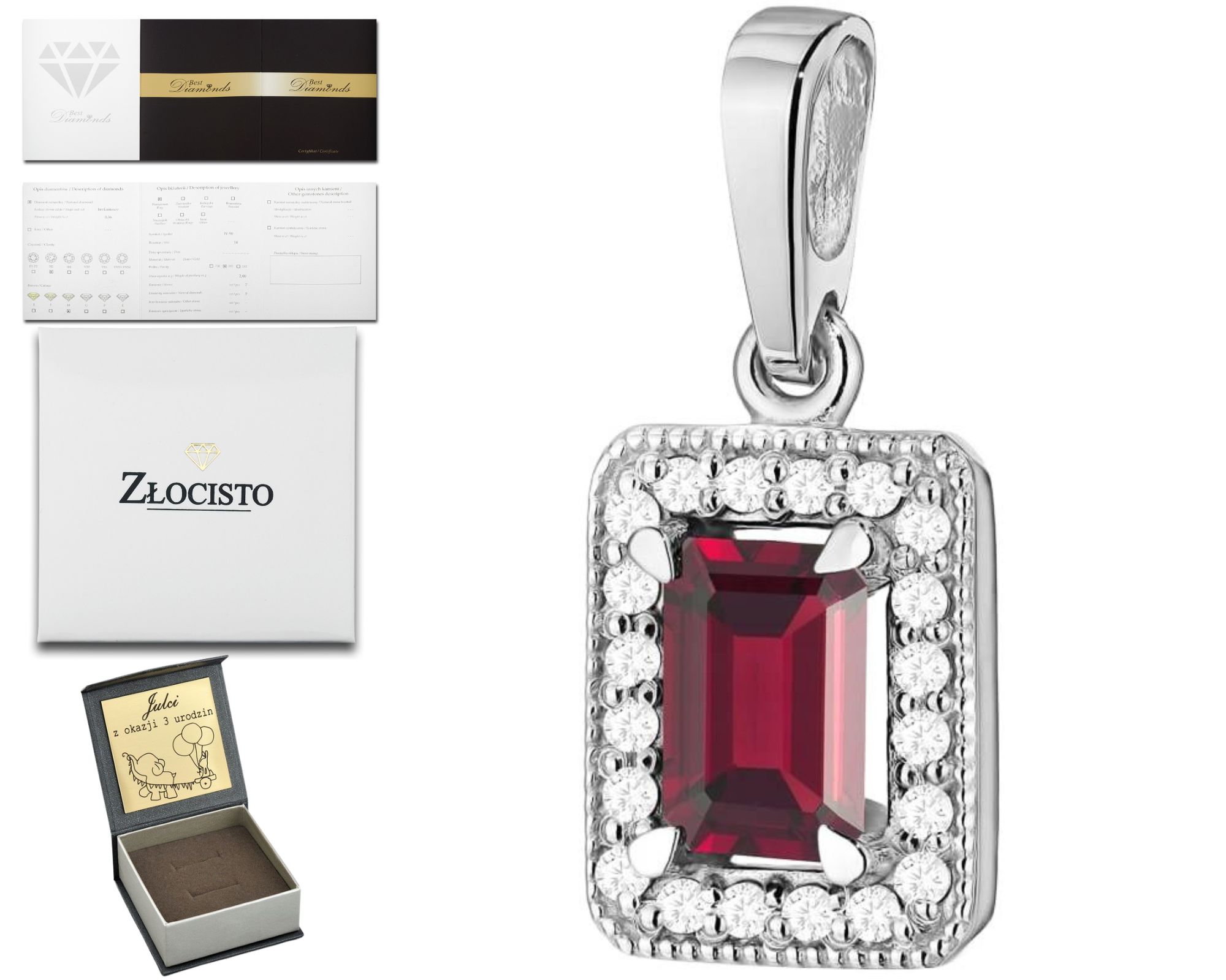 Bílé Zlato Přívěsek Přírodní Kámen Granátový Briliant 585 Dárek