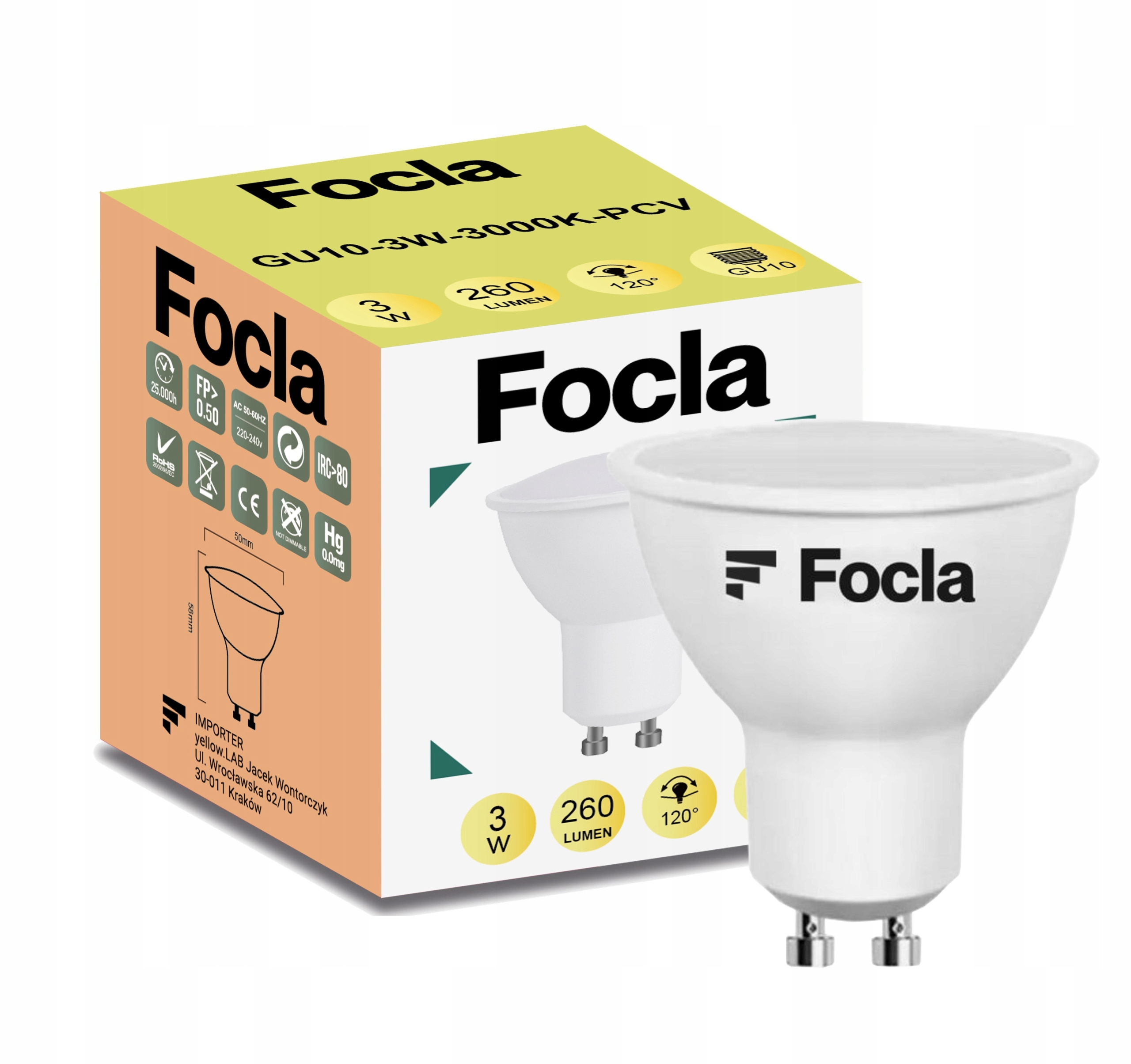 

Żarówka Led Focla GU10 3W Biały Ciepły 3000K Smd