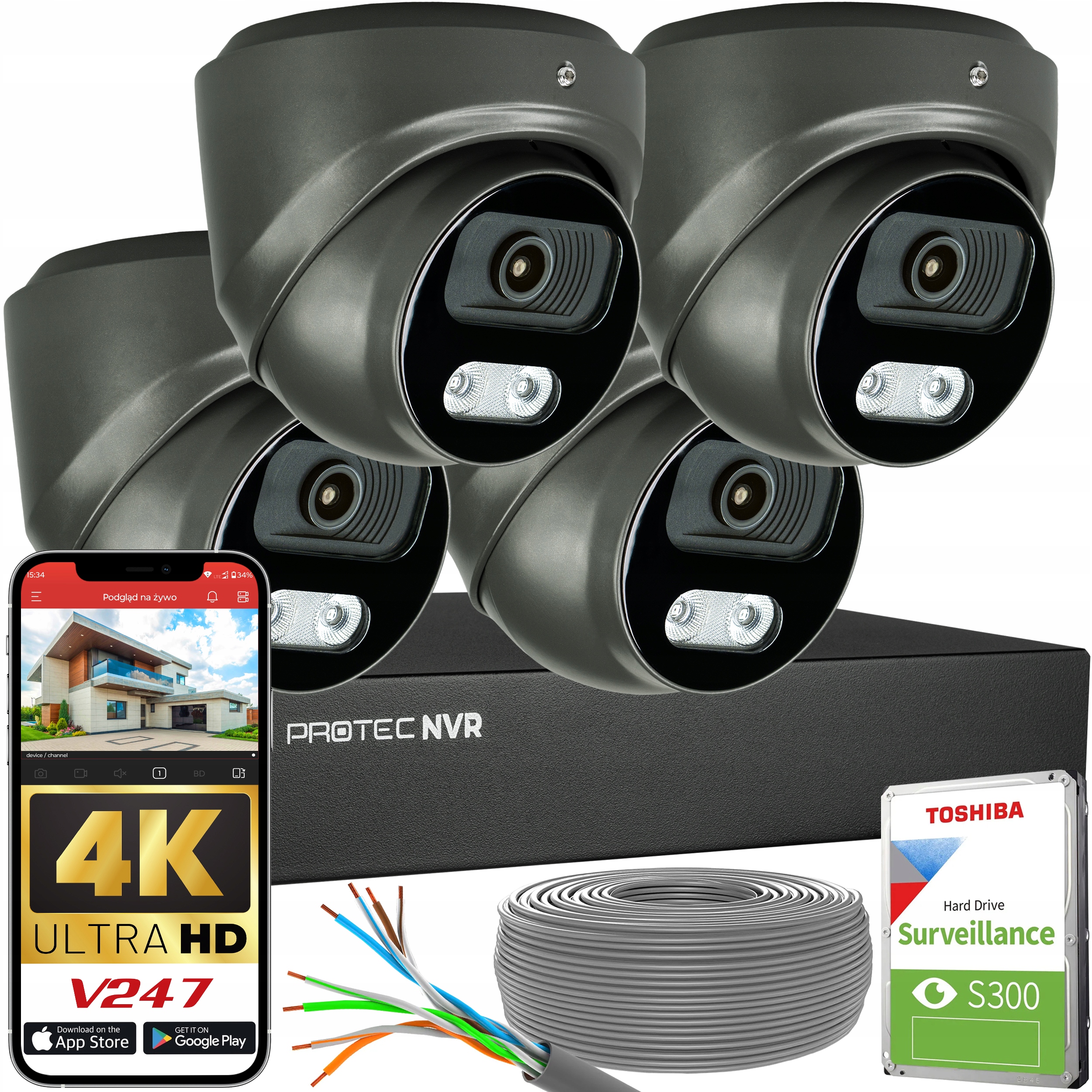 Zestaw 4 Kamery Grafitowe Ip 8MP 4K Poe Detekcja Ludzi i Pojazdów Hdd 1TB