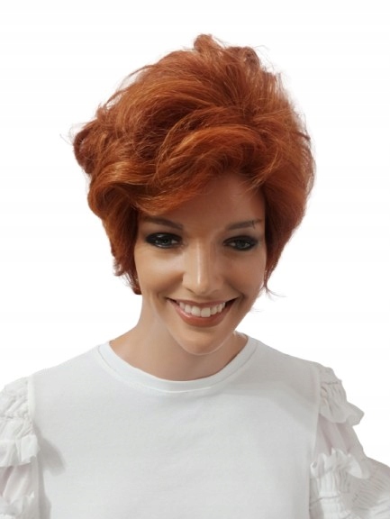 Krátká paruka s ofinou, vlnité vlasy v barvě oranžové