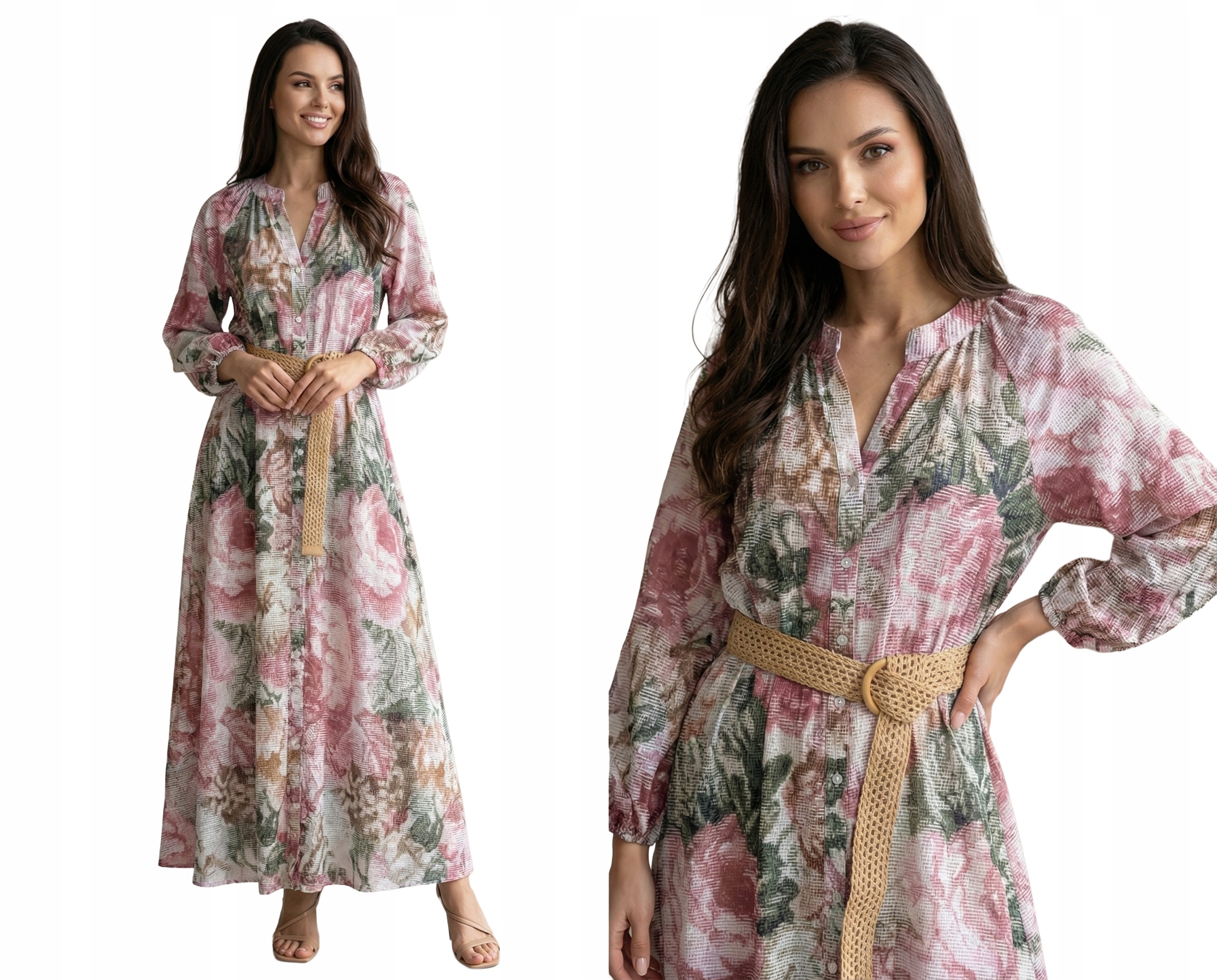 Sukienka Koszulowa Maxi W Kwiaty Boho Długa Zwiewna Premum Różowa