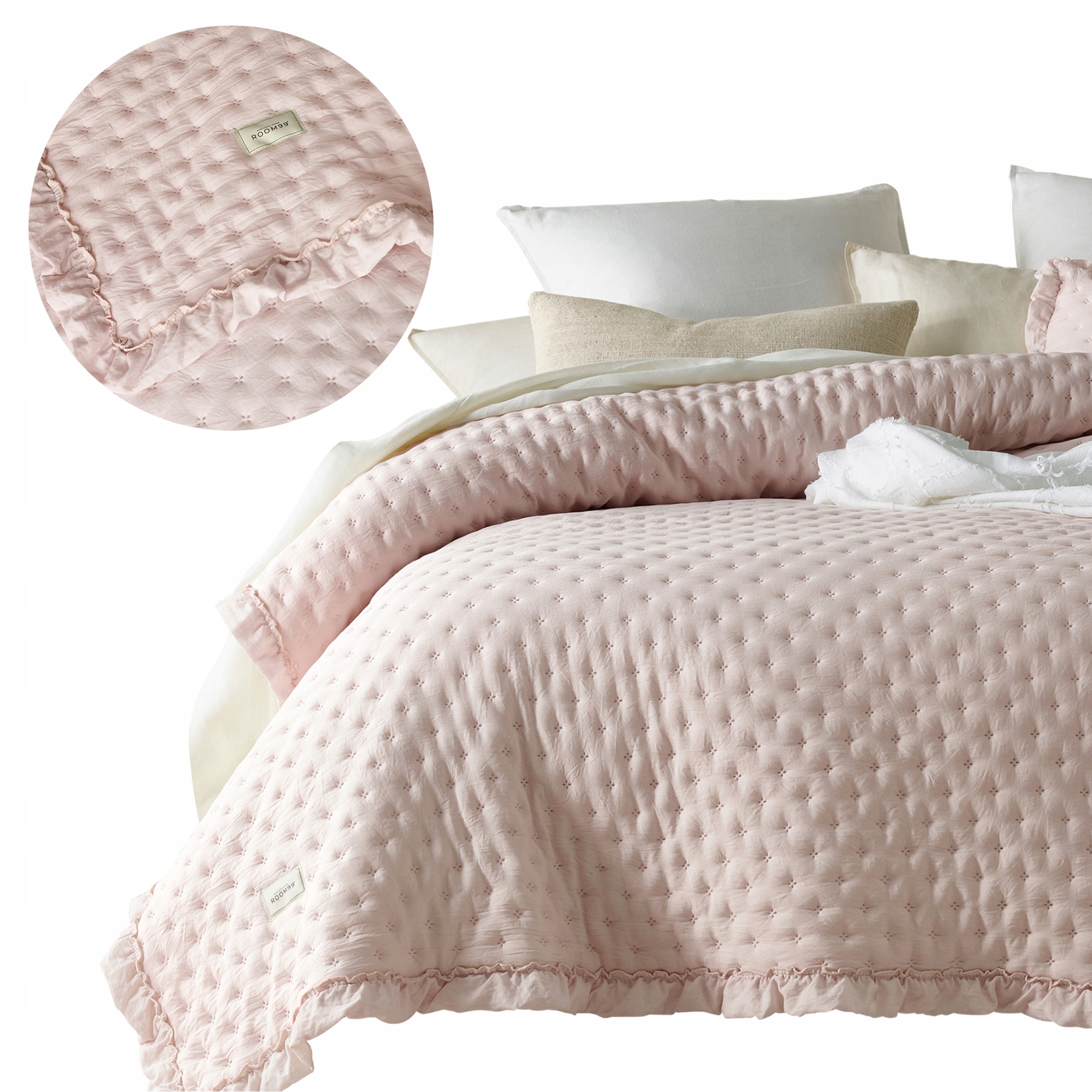 ROOM99 Narzuta na łóżko 170x210 kanapę pudrowy róż pikowana z falbaną Molly