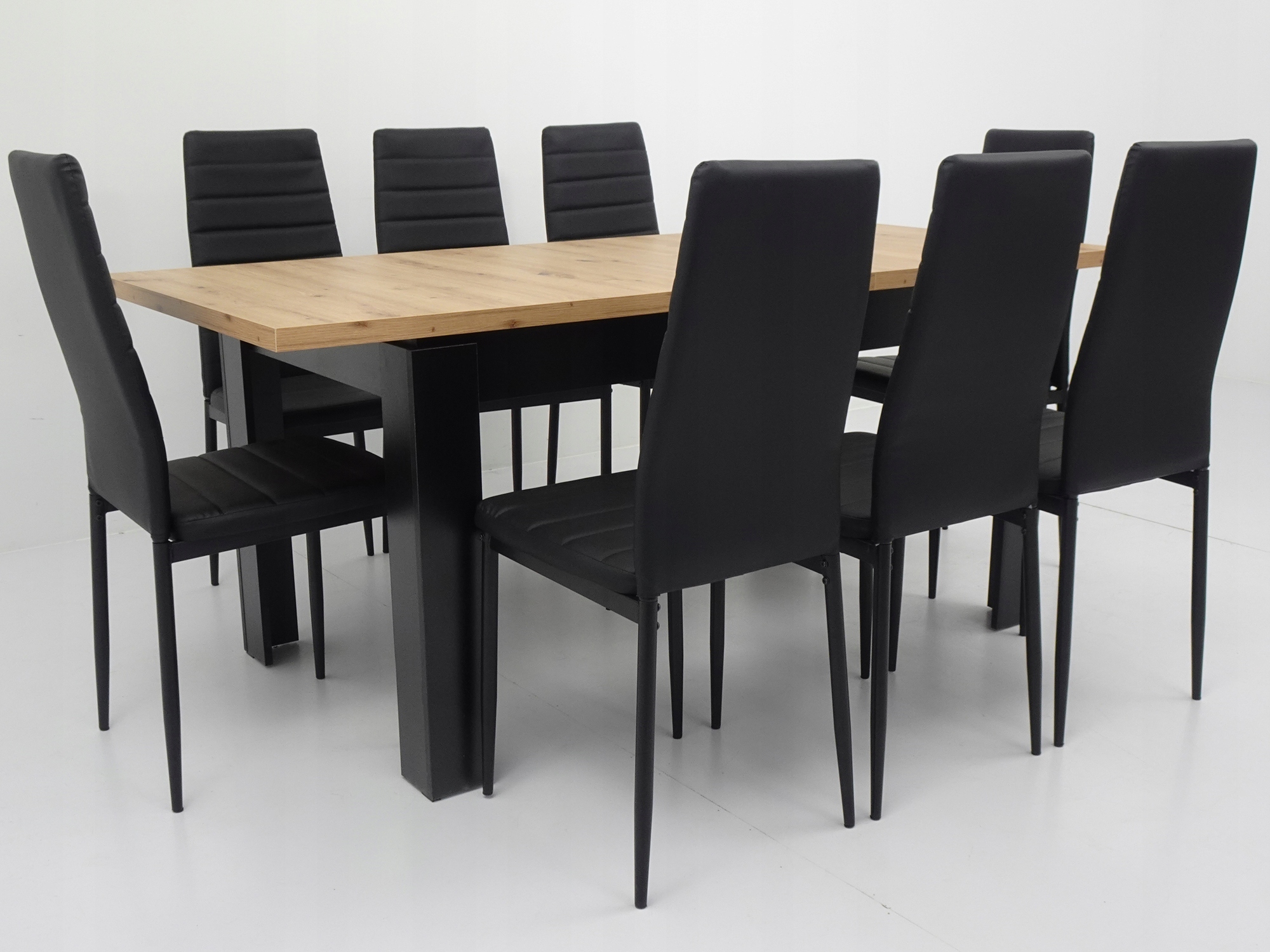 Stół 80x140/180 blat ARTISAN i 8 CZARNYCH krzeseł EKOSKÓRA DO JADALNI SALON Długość stołu 140 cm