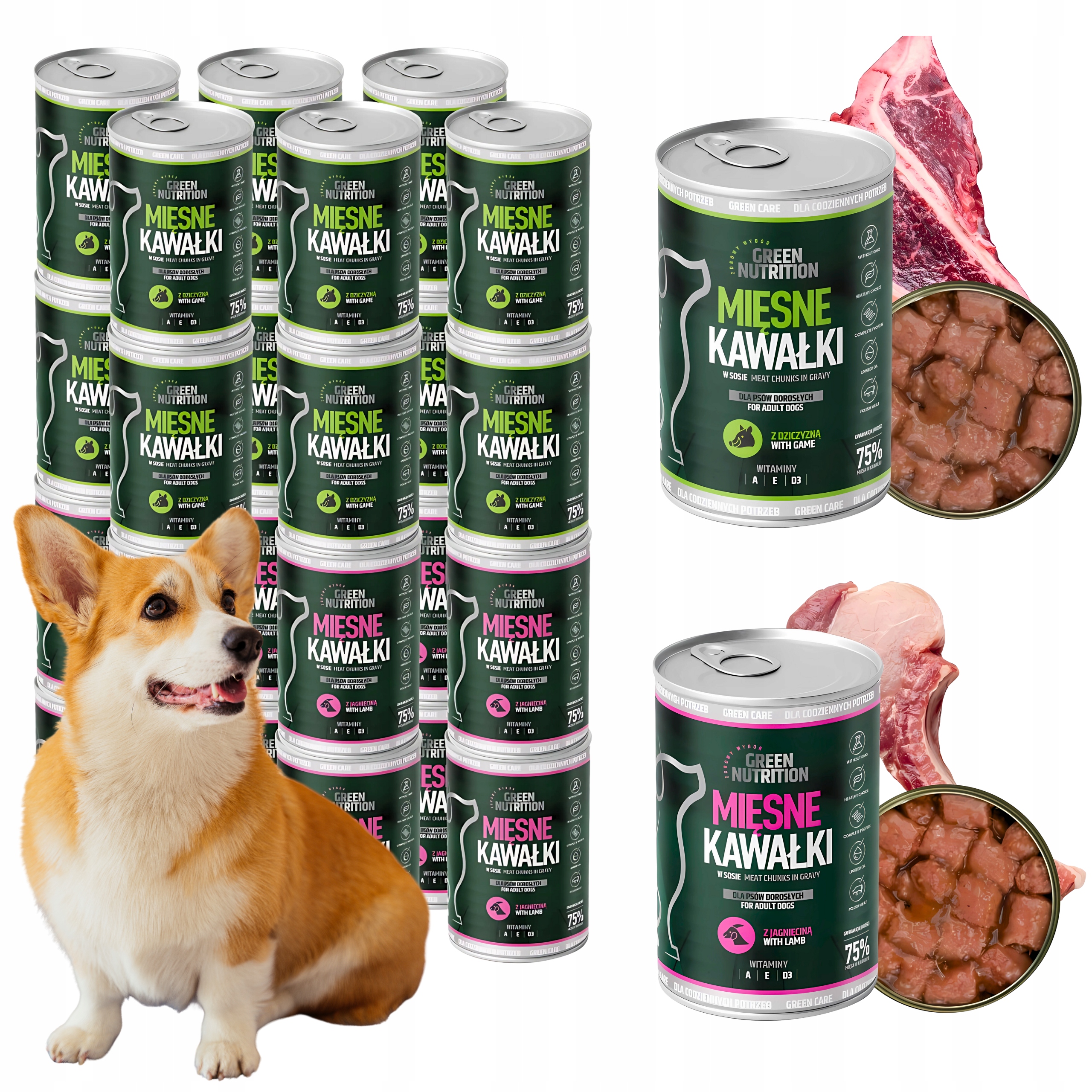 Levně Krmivo pro psy Vlhké 75 % jehněčího masa Zvěřina Mix Green Nutrition x24