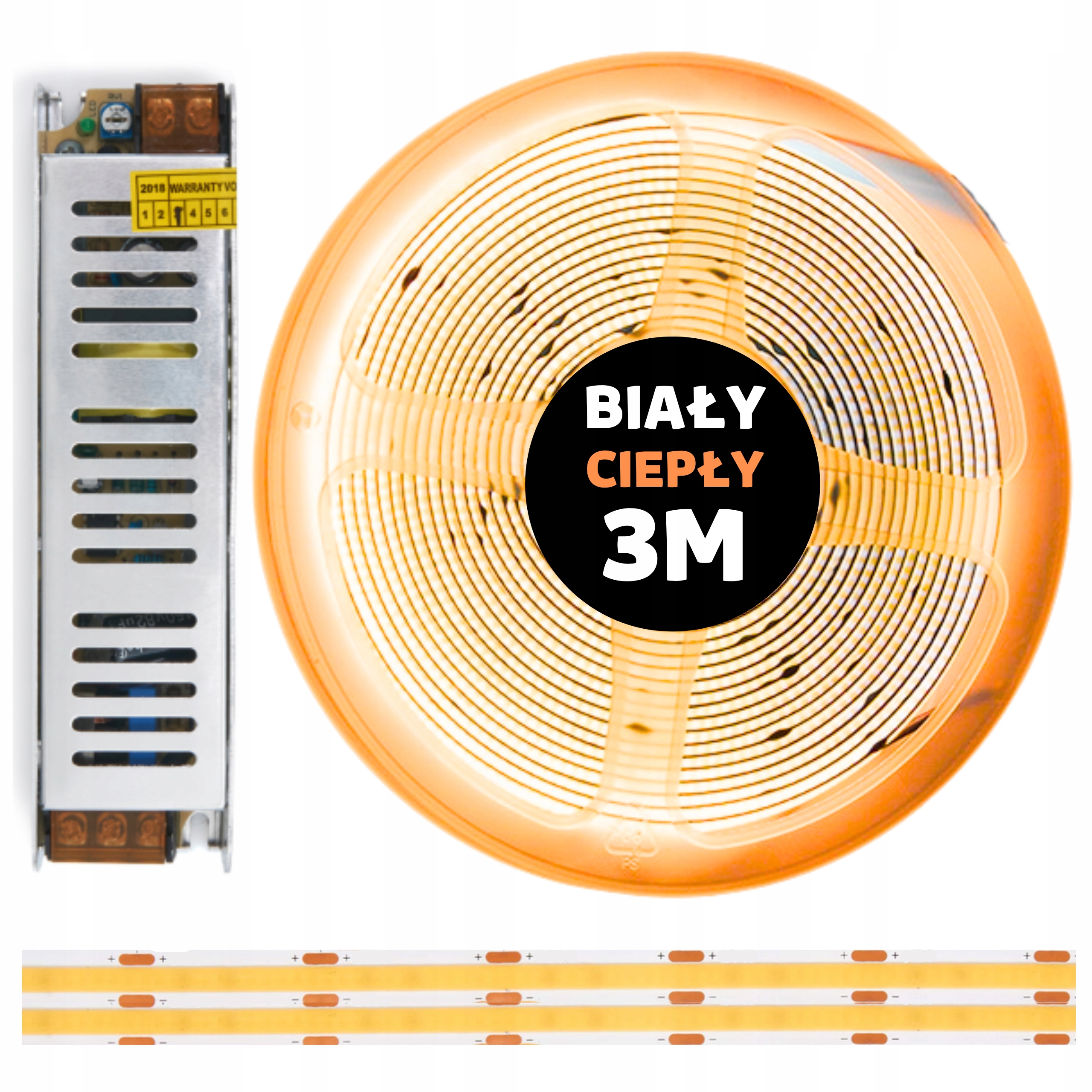 Set 3M Led pásek Cob 480 diod 3000K bílý teplý 24V 10W s napájecím zdrojem