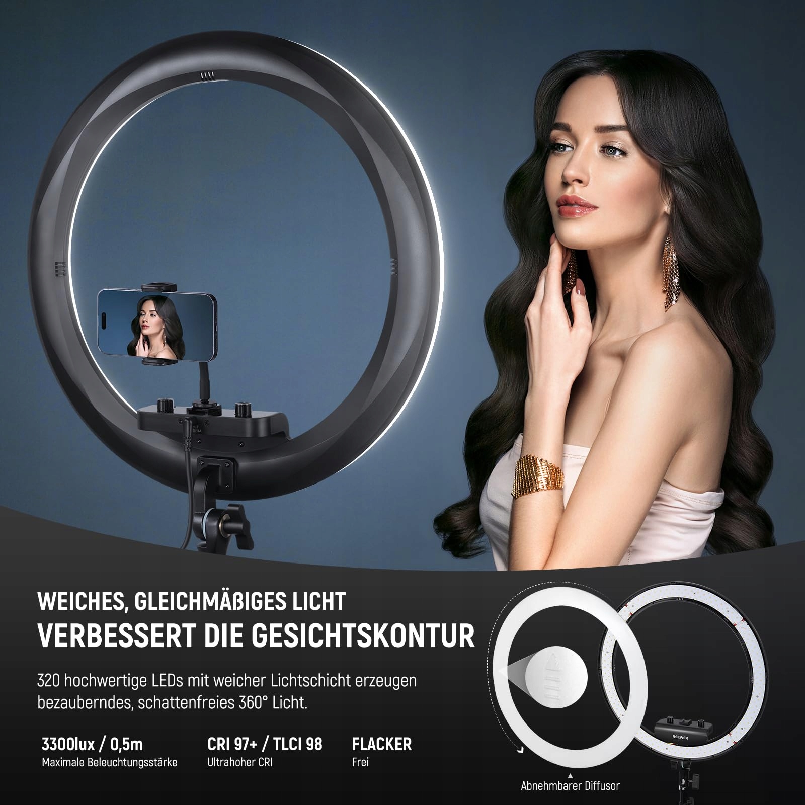 NEEWER Profesjonalne Ring Light 18 Cal 45W Stojak Uchwyt Telefonu Aplikacja — miniatura 3