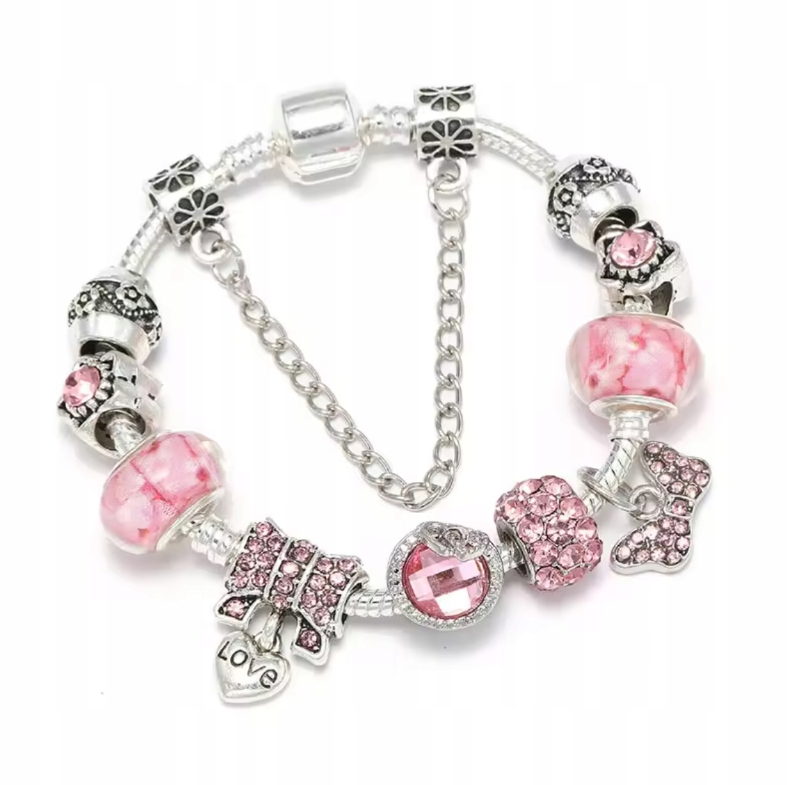 Stříbrný náramek Růžový Charms Beads Turmalín Hvězda Mašle Květiny