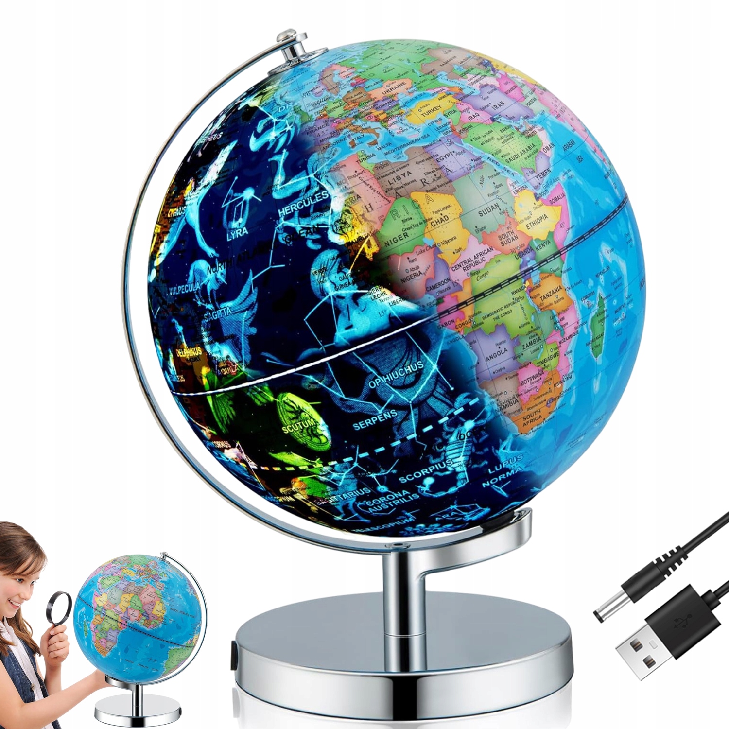 3W1 Globus Obrotowy Edukacyjny Do Nauki Dla Dzieci Led Night Light 9.5 Cala