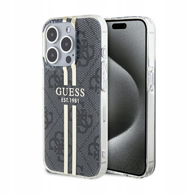 Guess IML 4G Gold Stripe – Pouzdro pro iPhone 15 Pro (černé)