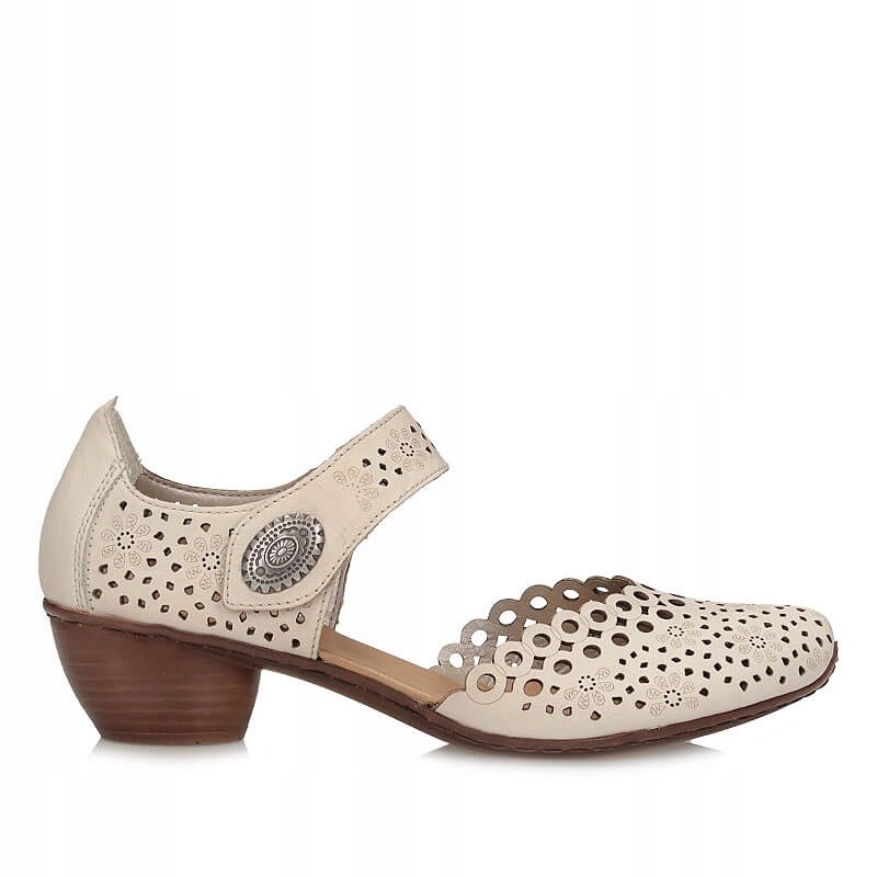 Dámské lodičky Rieker 43753-60 béžové na suchý zip na ažurovém koženém podpatku