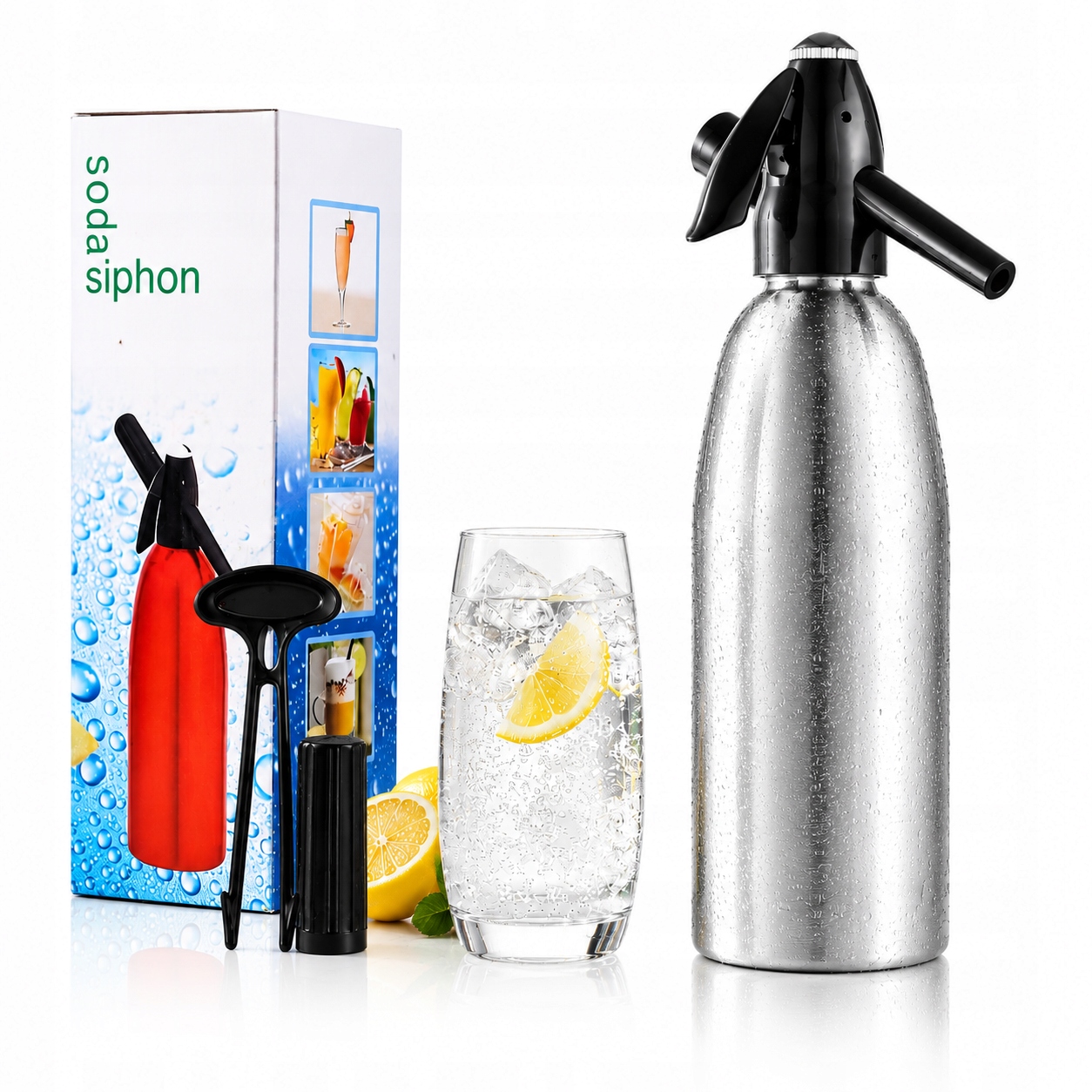 Sifon Výrobník Sody CO2 Ocelový 1L stříbrný