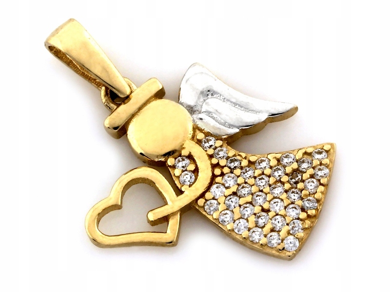 Přívěsek zlatý 585 dvoubarevný andílek s bílými zirkony jako dárek 14k