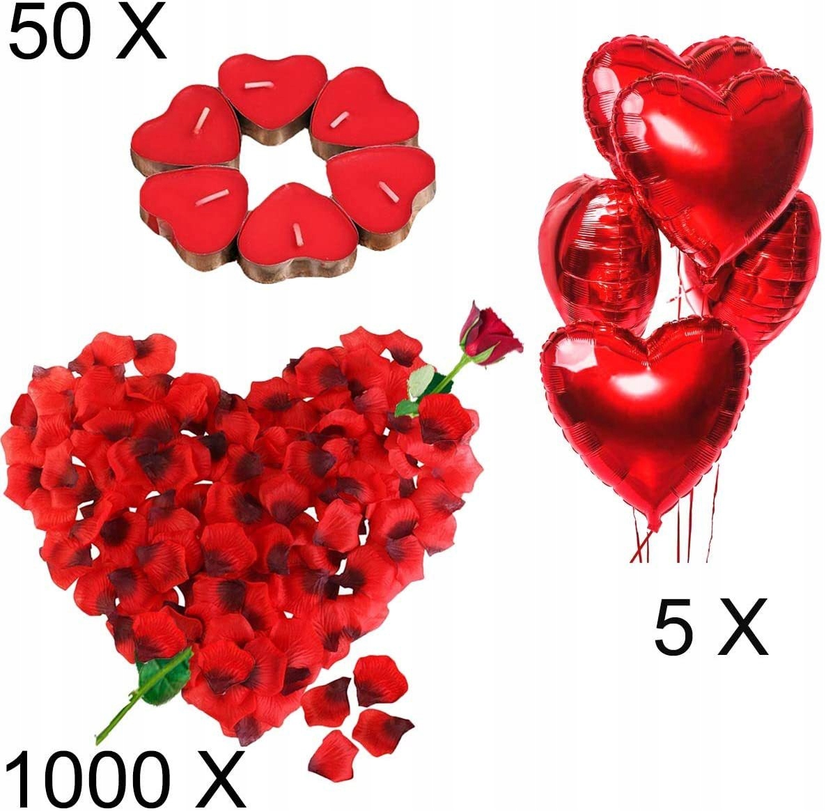 ROMANTYCZNY ZESTAW DLA DWOJGA SERCE ŚWIECZKI BALONY PŁATKI RÓZ 1000 SZT. Kod producenta ZEST-WAL8-1