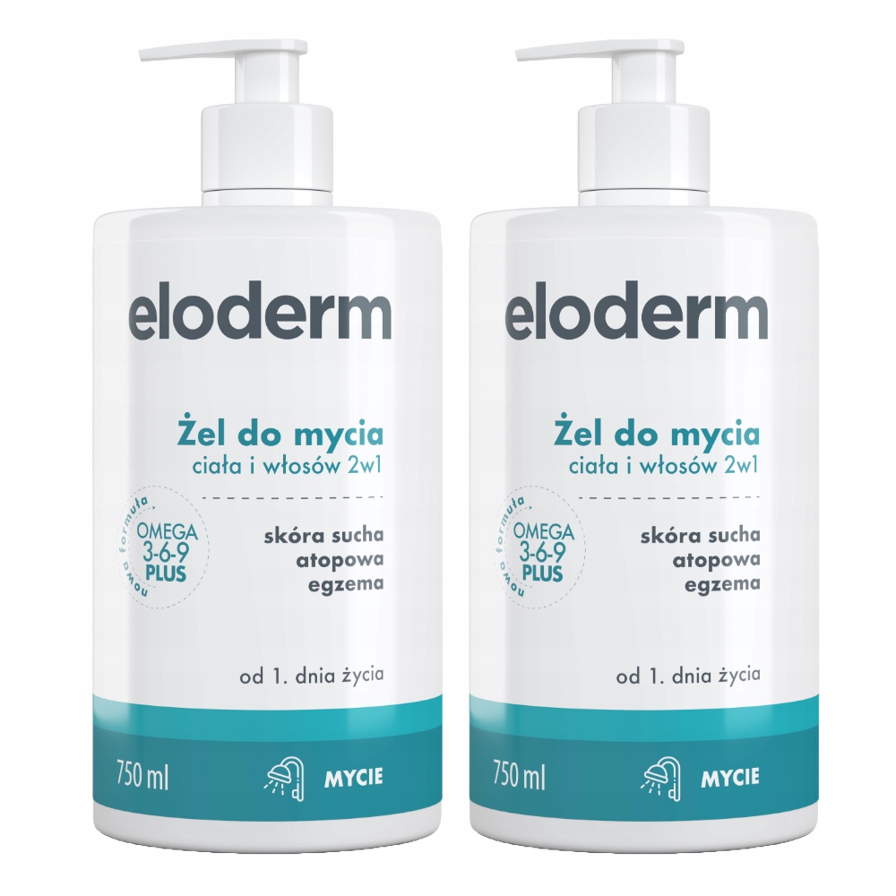 Eloderm 2w1 żel do włosów i ciała 750 ml. 2 szt. Azs. Kwasy Omega 3 6 9.