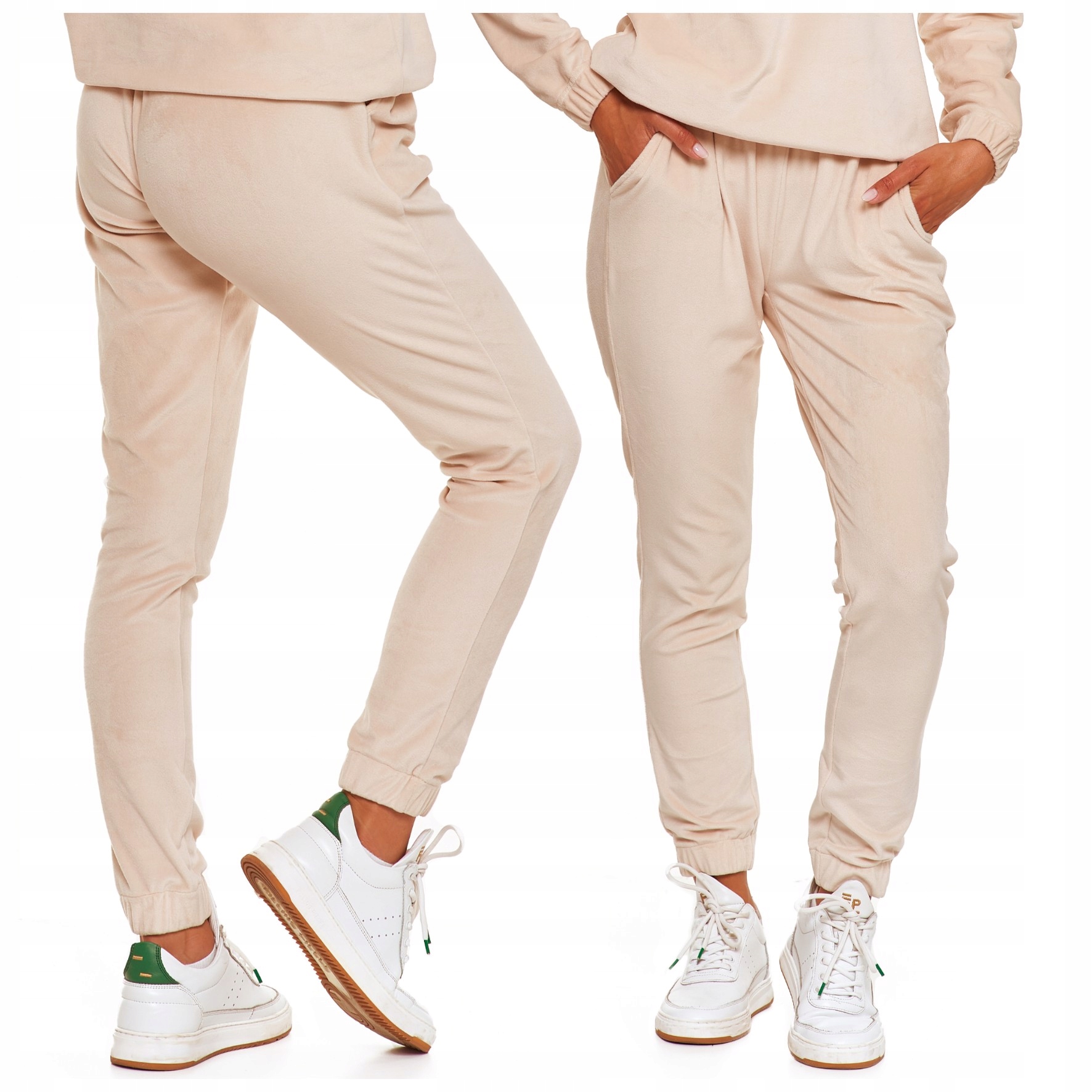 SPODNIE BEŻOWE DRESOWE DAMSKIE WELUROWE Z KIESZENIAMI GŁADKIE MORAJ XXL