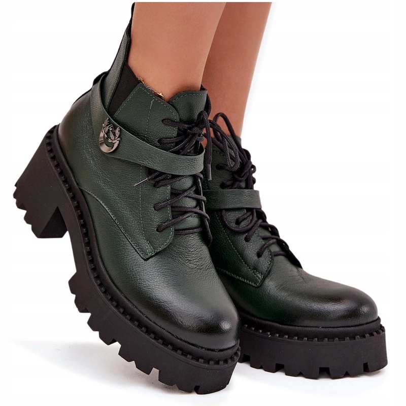 Kotníkové Boty Přírodní Kůže Podpatek Kostka Zateplený Pásek Zazoo 60557 Zelená 39