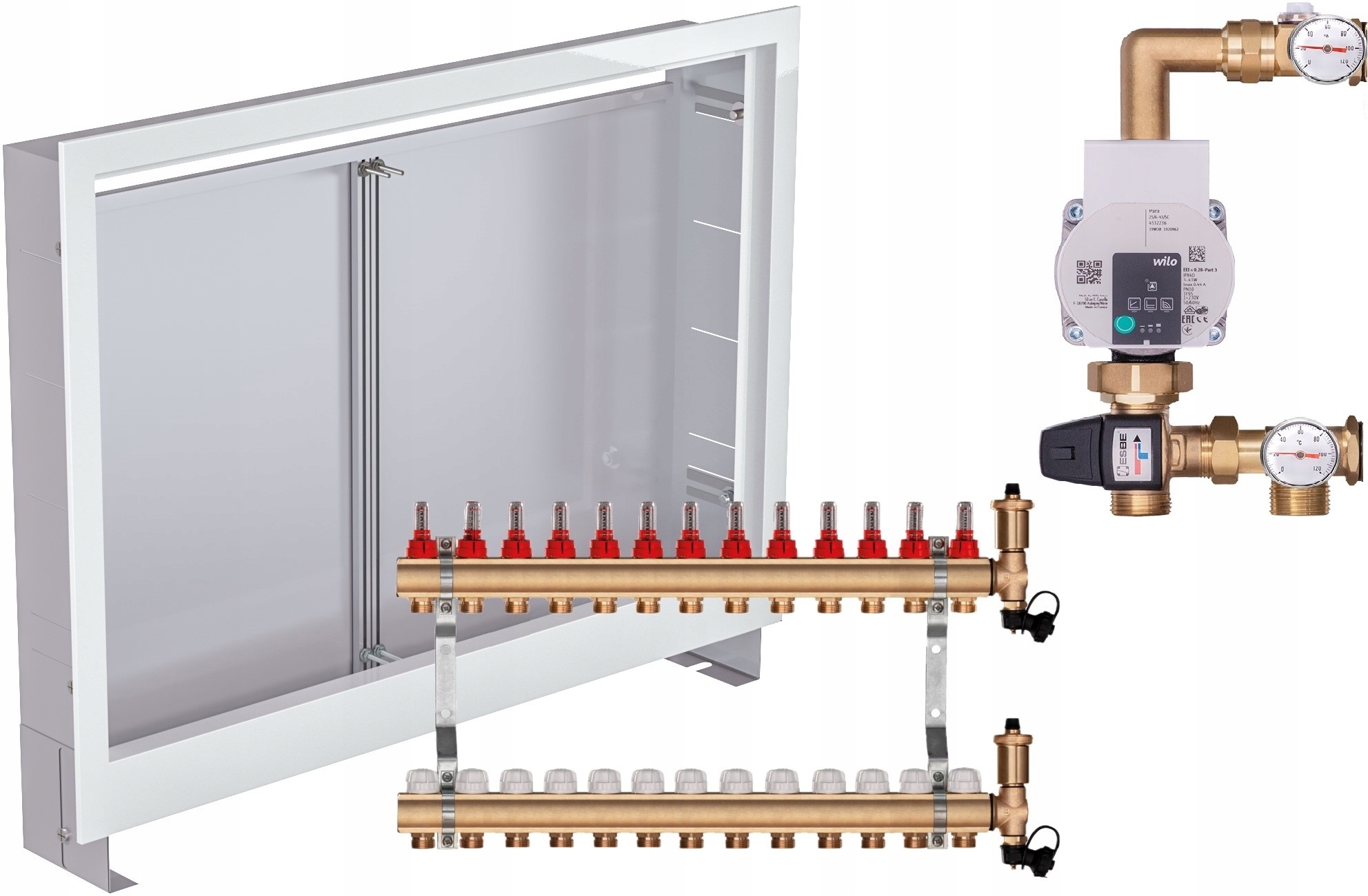 Mosazný rozdělovač pro podlahu 13 s Pumpou Wilo Podomítková Skříňka