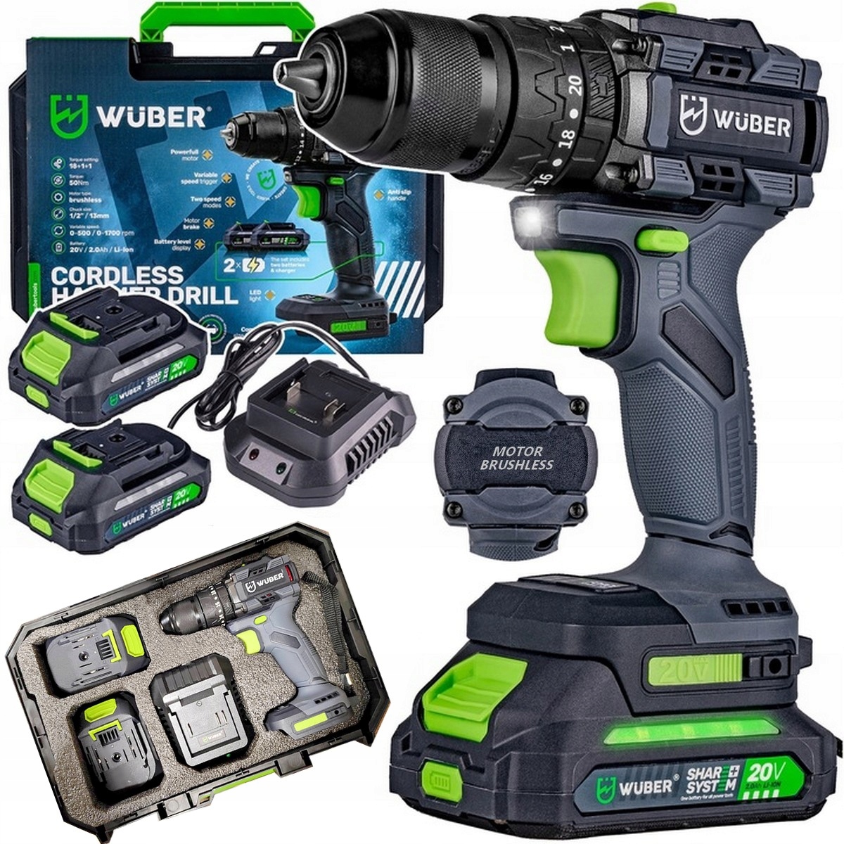 Wkrętarka Akumulatorowa Udarowa Bateria 2X Bezszczotkowa Gotowy Komplet