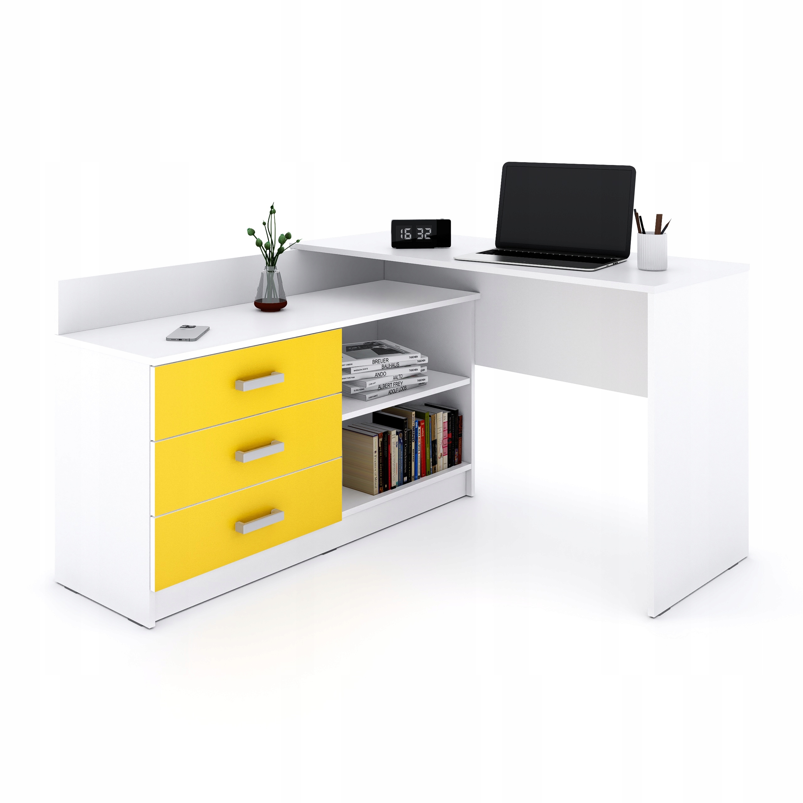 Pro Mládež rohový psací stůl Alto ve tvaru písmene, 3 zásuvky žluté