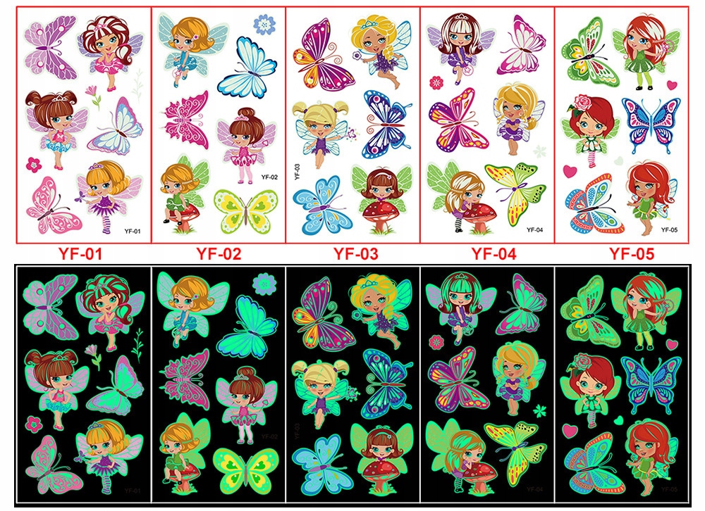 TATUAŻE ZMYWALNE DLA DZIECI 5 ARKUSZY TATUAZE SWIECACE W CIEMNOSCI