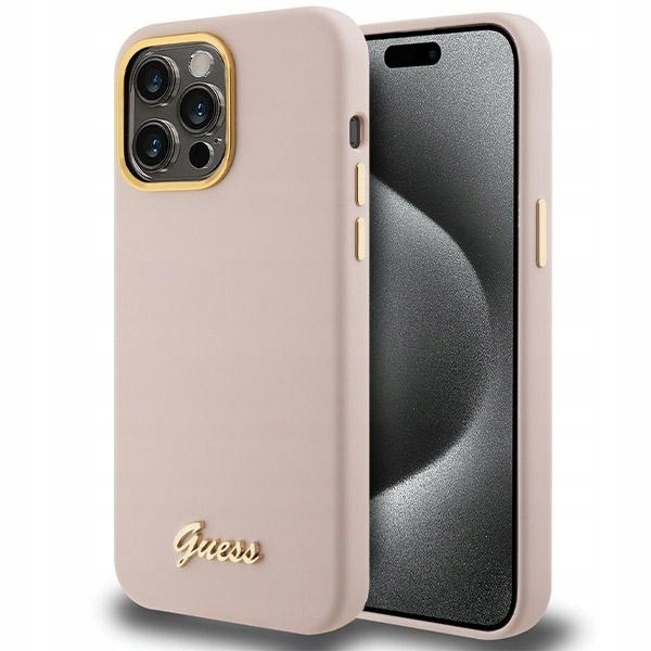Pouzdro pro iPhone 15 Pro Guess Silicone Script Metal Růžové