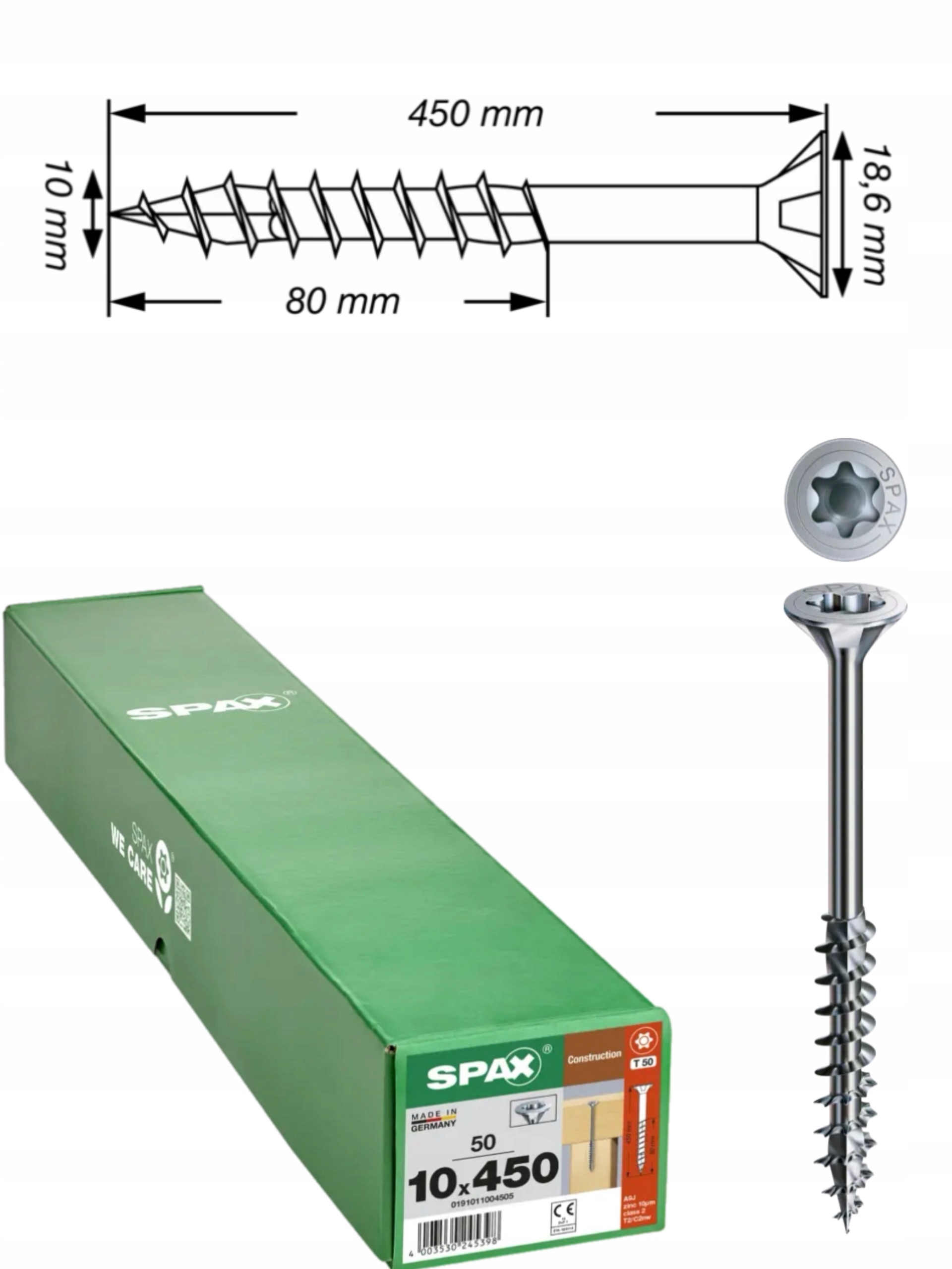 Univerzálne skrutky Wirox do dreva, konštrukcia Spax 10 x 450 mm 50 ks