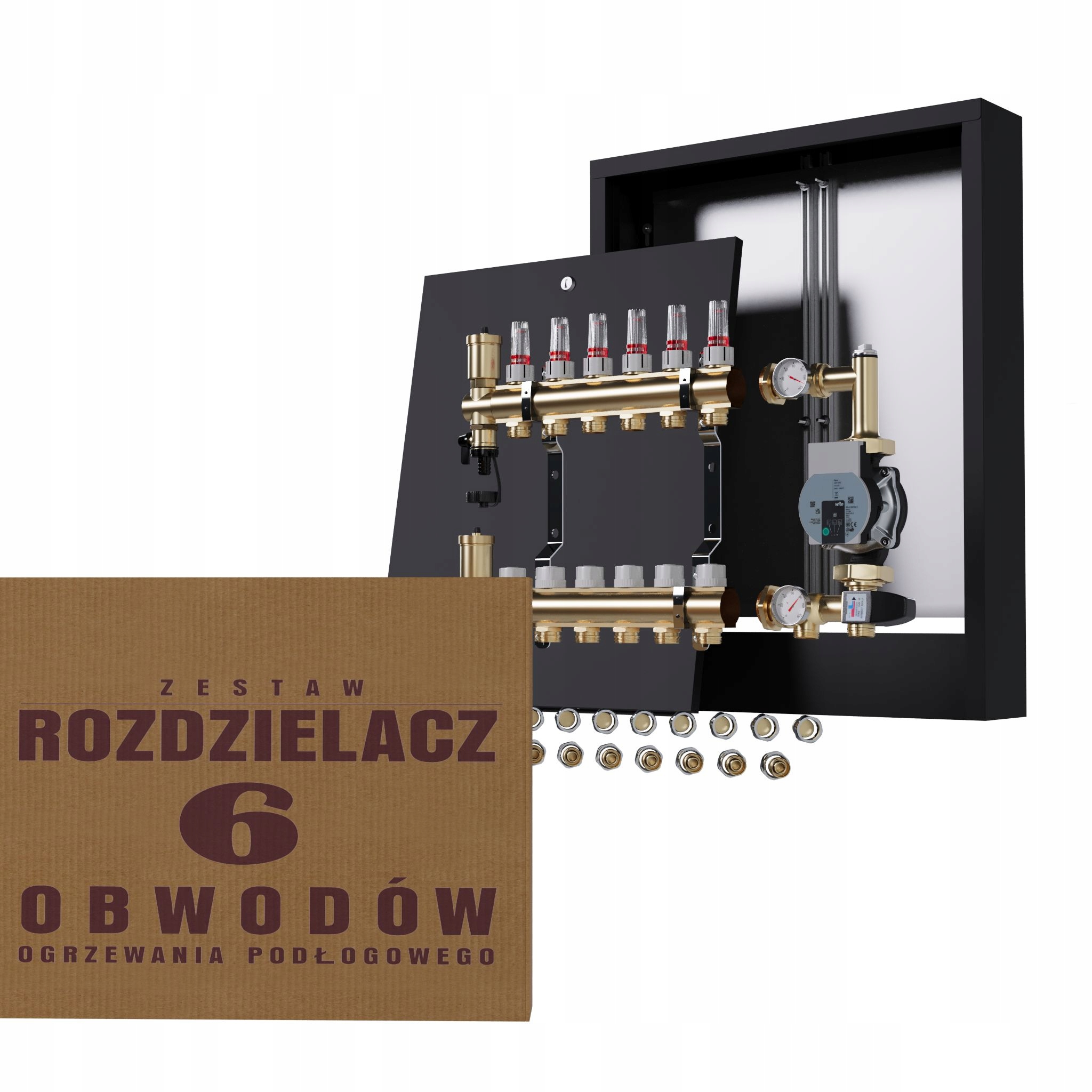Rozdělovač pro podlahovku 6 okruhů s čerpací skupinou Wilo nástěnný Pex