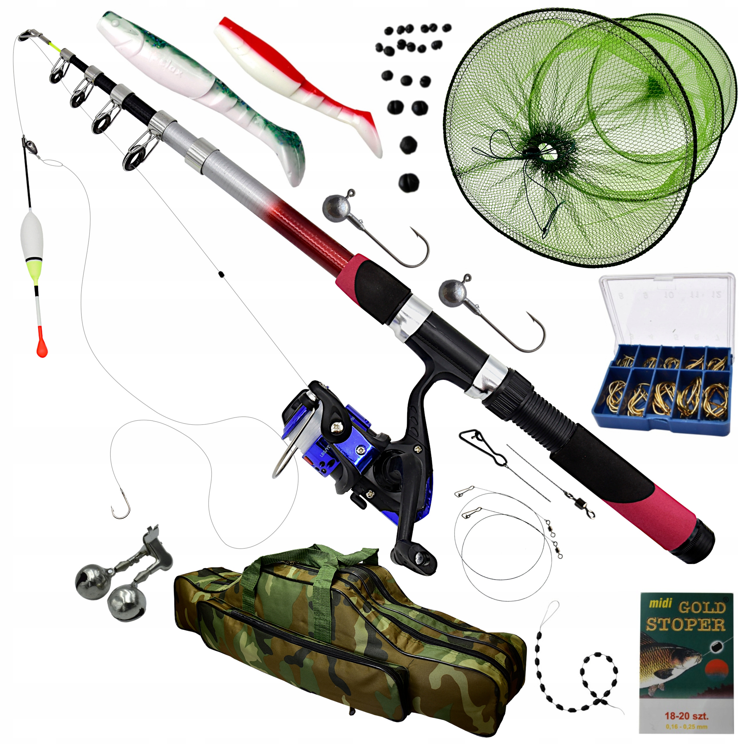 Gotowy Uzbrojony Zestaw Wędkarski nad wodę siatka przynęty haczyki Torba