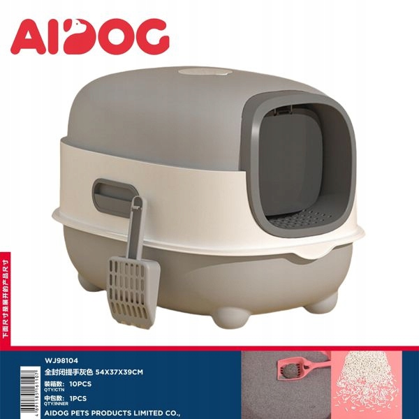 Levně Uzavřená Kočičí Toaleta s rukojetí Šedá 54x37x39 cm – Pohodlná a funkční