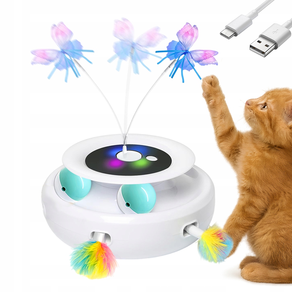 Hračka 3V1 Pro Kočky Automatické Kolo Motýli Pírka Míče Usb