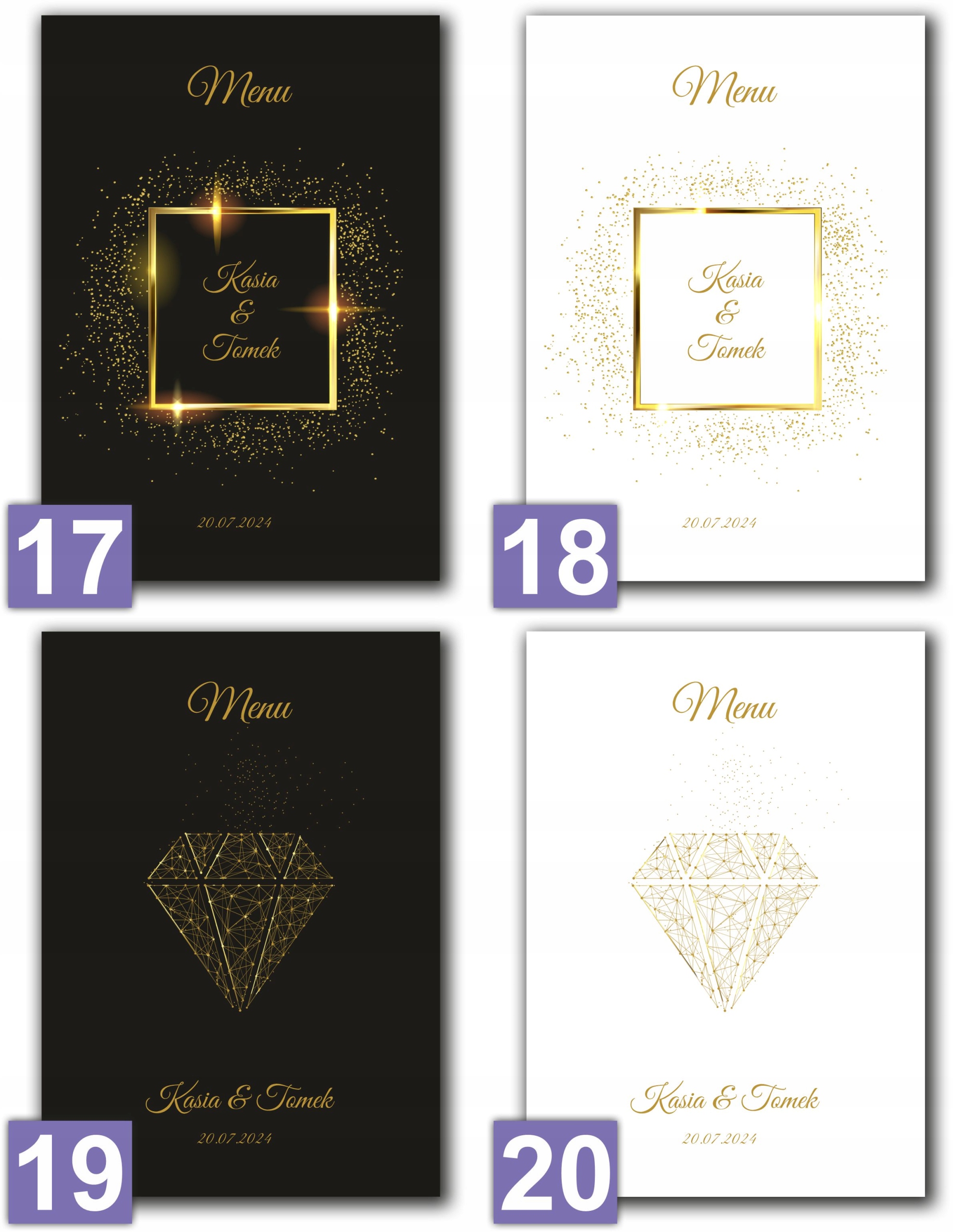 Menu weselne na ślub karta dań posiłków złote motywy Zdobienie brak