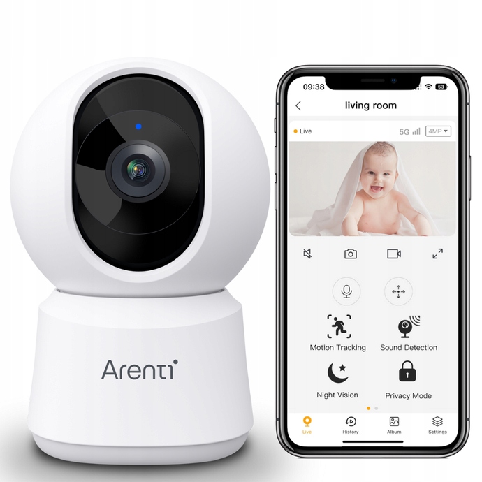 Kamera wewnętrzna Arenti 5G Wi-Fi Uhd 3K/5MP z funkcją obrotu i prywatności