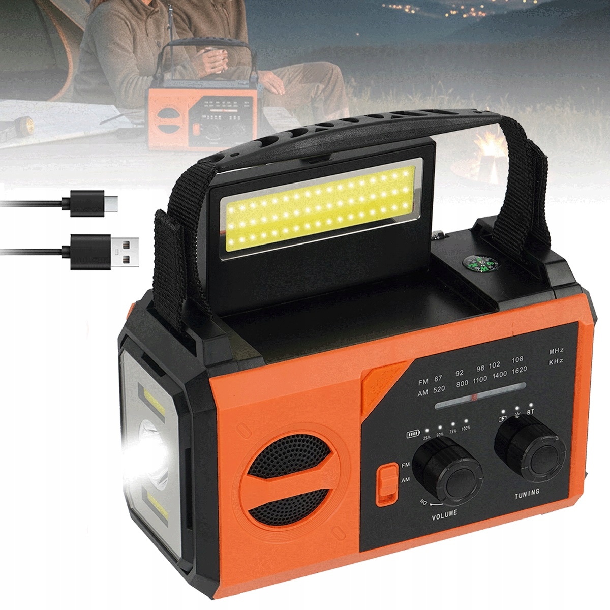 Bluetooth 5.3 rádio s kompasem, Led svítilnou a power bankou 20000 mAh