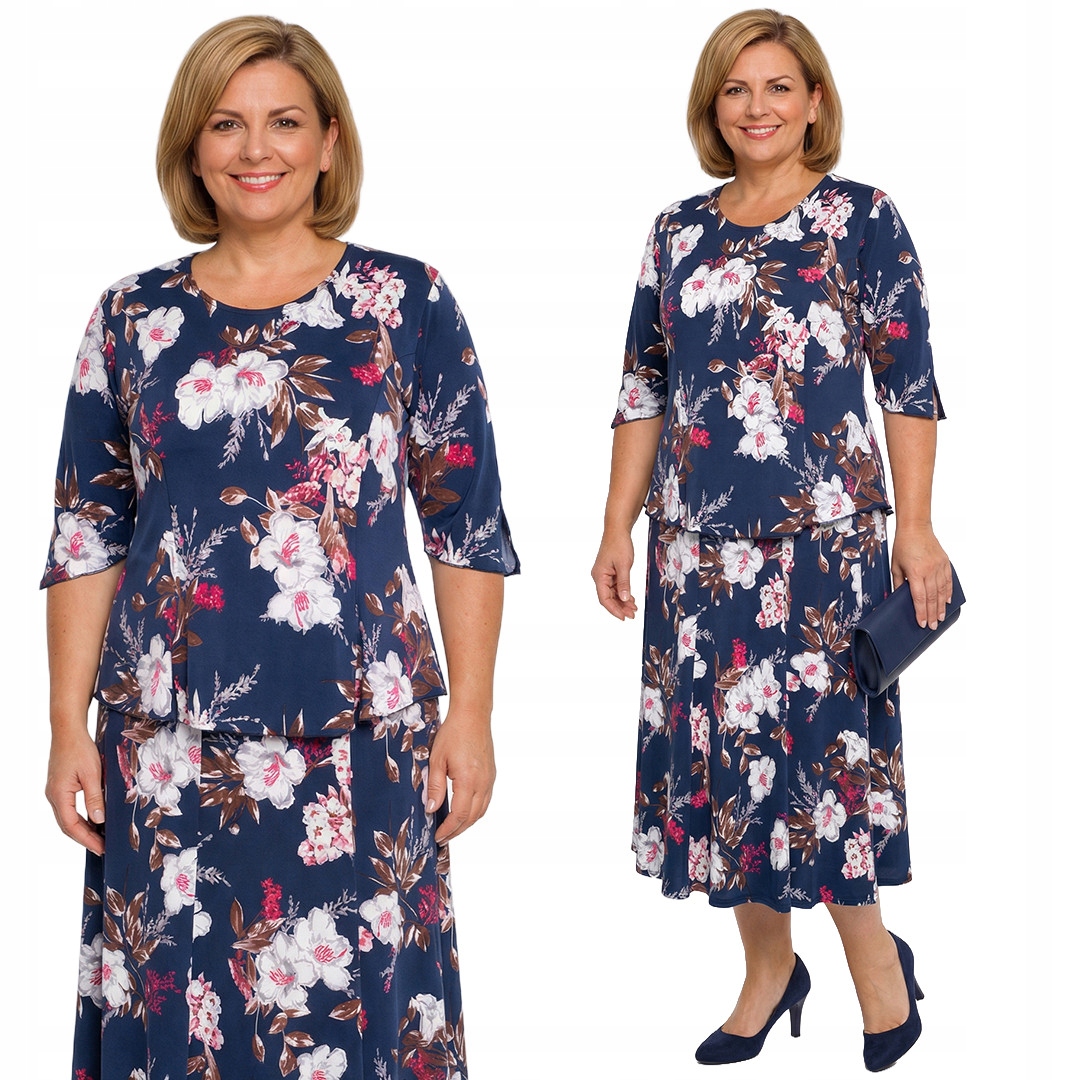 Tmavě modrý komplet s bílými květy a hnědými listy plus size velikost 60/62