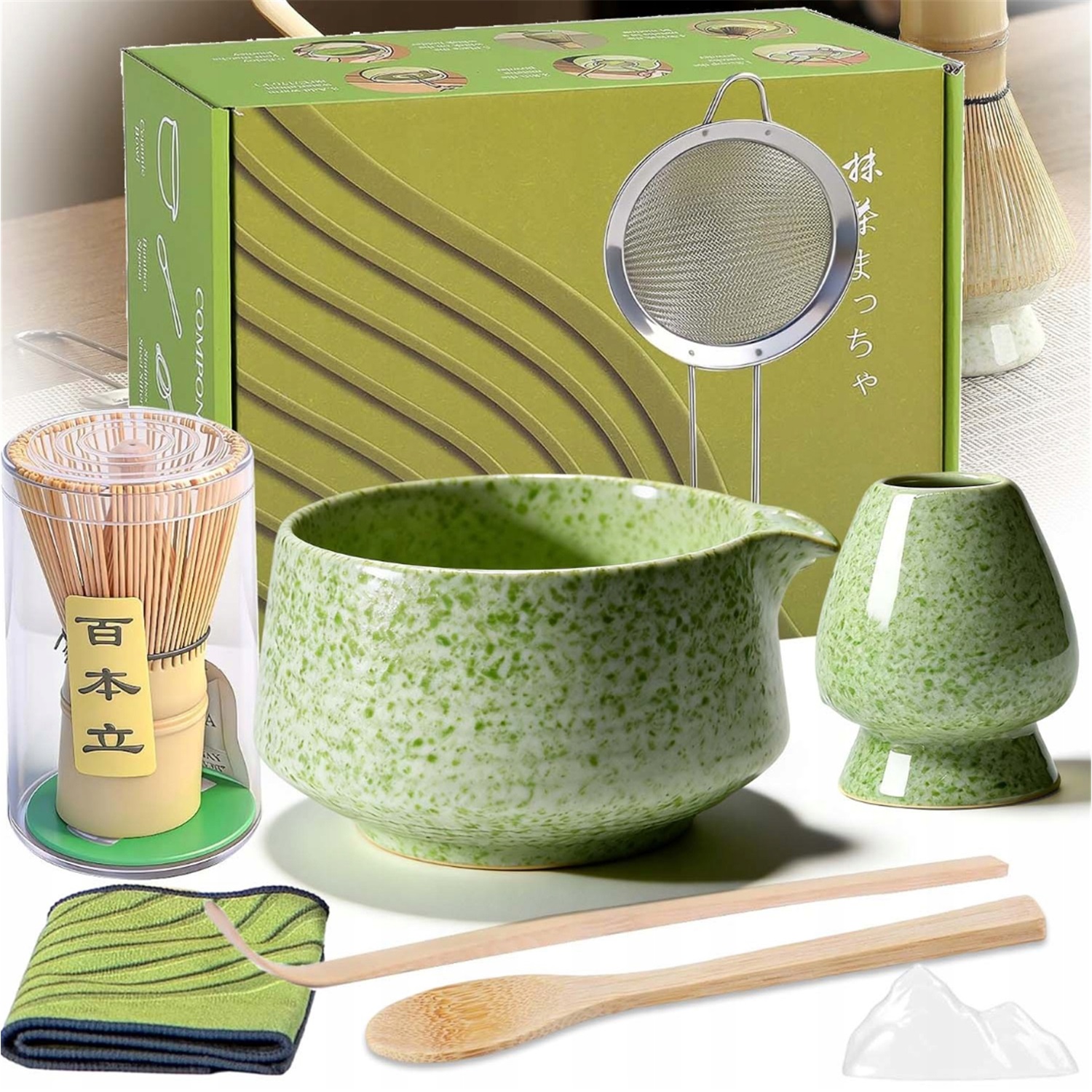 Zestaw Do Matchy 8 Elementów Ceramiczny Z Bambusem Tradycyjna Japońska