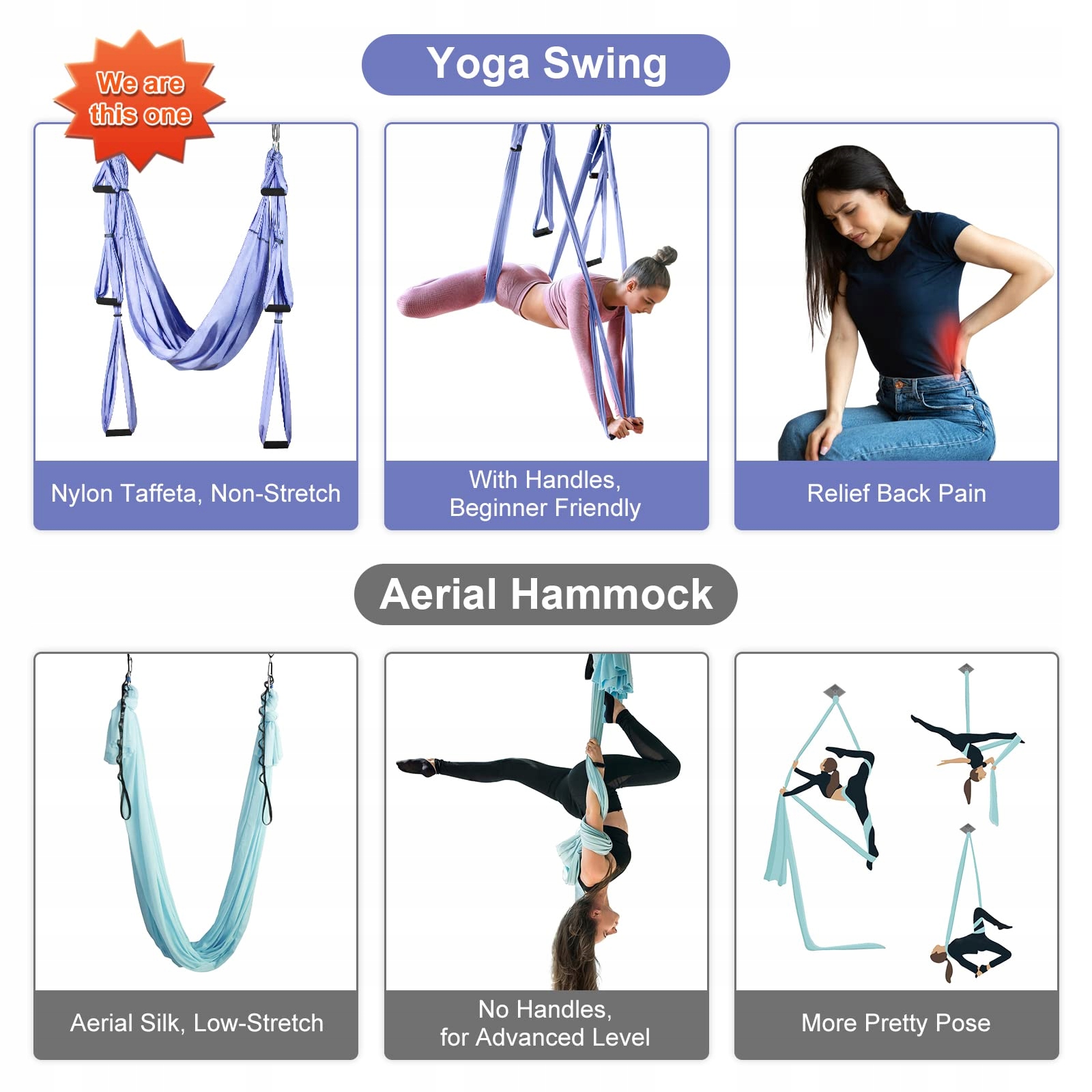 LEOGREEN Hamak Antygrawitacyjna Huśtawka Pilates Nylon 300kg Fioletowy — miniatura 4