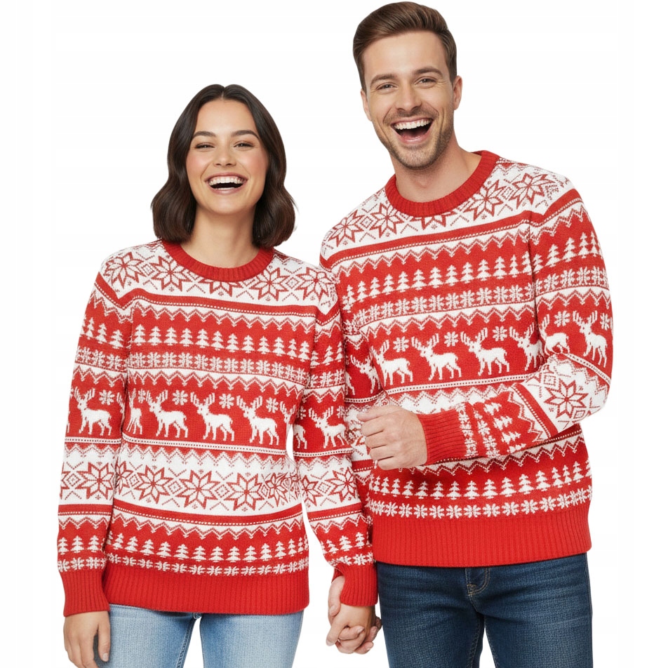 dva červené vánoční svetry v sadě s vánočními norskými sobíky