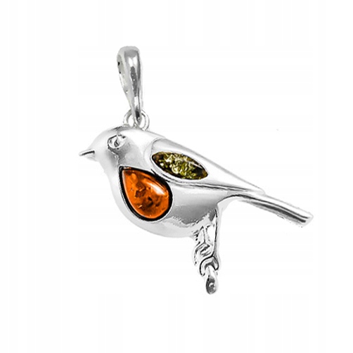 Stříbrný Ptáček přívěsek vrabec červenka s přírodním JANTARem stříbro 925
