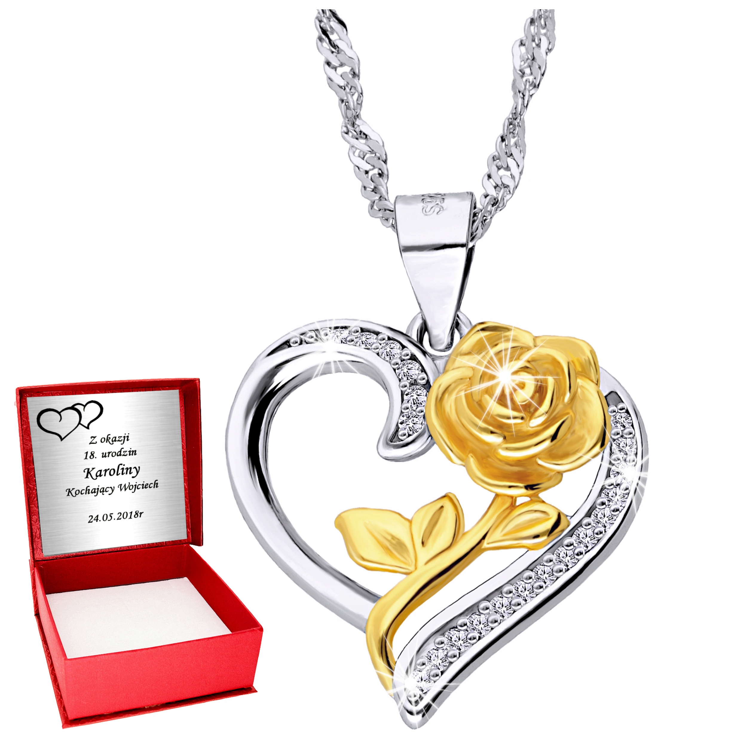 Srebrny Łańcuszek 925 Serce Serduszko Naszyjnik Dzień Kobiet Grawer