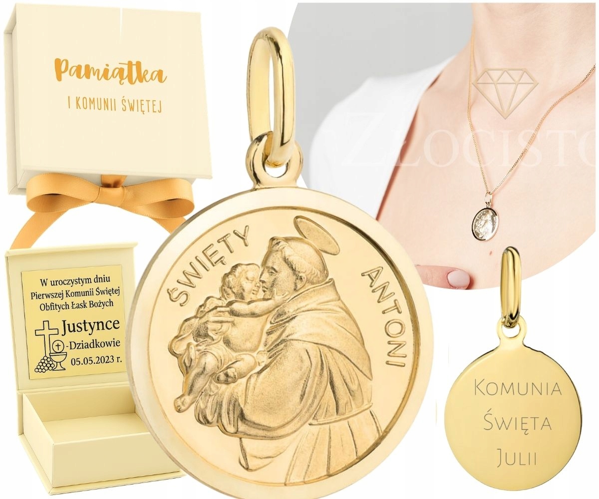 Zlatý Medailonek Svatý Antonín 585 Gravírování Křest Svaté Přijímání Dárek