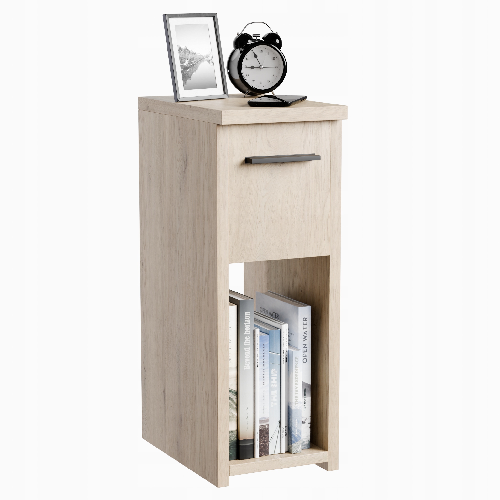 Noční Stolek Úzká Skandinávská Dub Torro 20x30 CM Se Zásuvkou A Policí