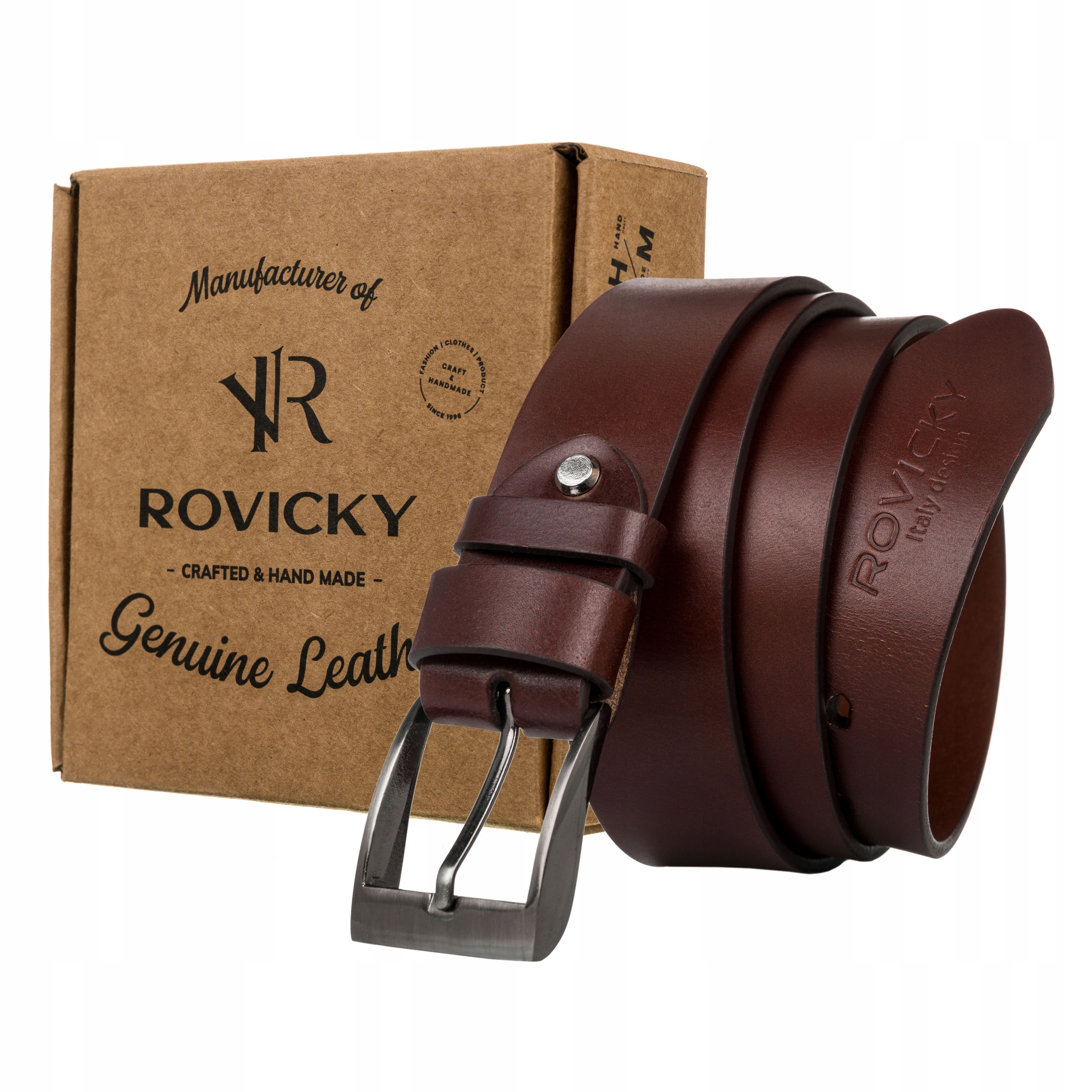 

Szeroki pasek męski brązowy klamra metal Rovicky